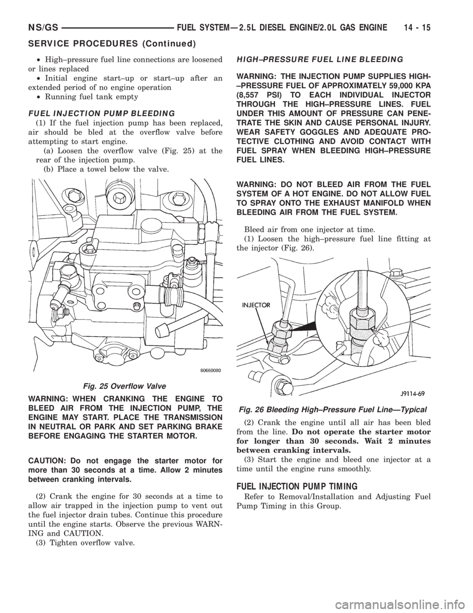 CHRYSLER VOYAGER 1996  Service Manual ²High±pressure fuel line connections are loosened
or lines replaced
²Initial engine start±up or start±up after an
extended period of no engine operation
²Running fuel tank empty
FUEL INJECTION P