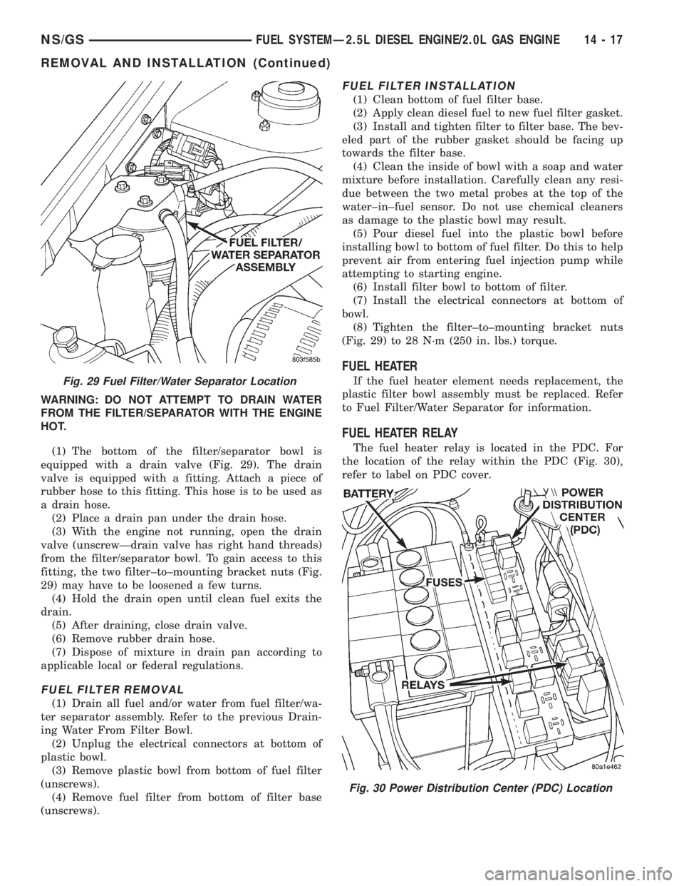 CHRYSLER VOYAGER 1996  Service Manual WARNING: DO NOT ATTEMPT TO DRAIN WATER
FROM THE FILTER/SEPARATOR WITH THE ENGINE
HOT.
(1) The bottom of the filter/separator bowl is
equipped with a drain valve (Fig. 29). The drain
valve is equipped 