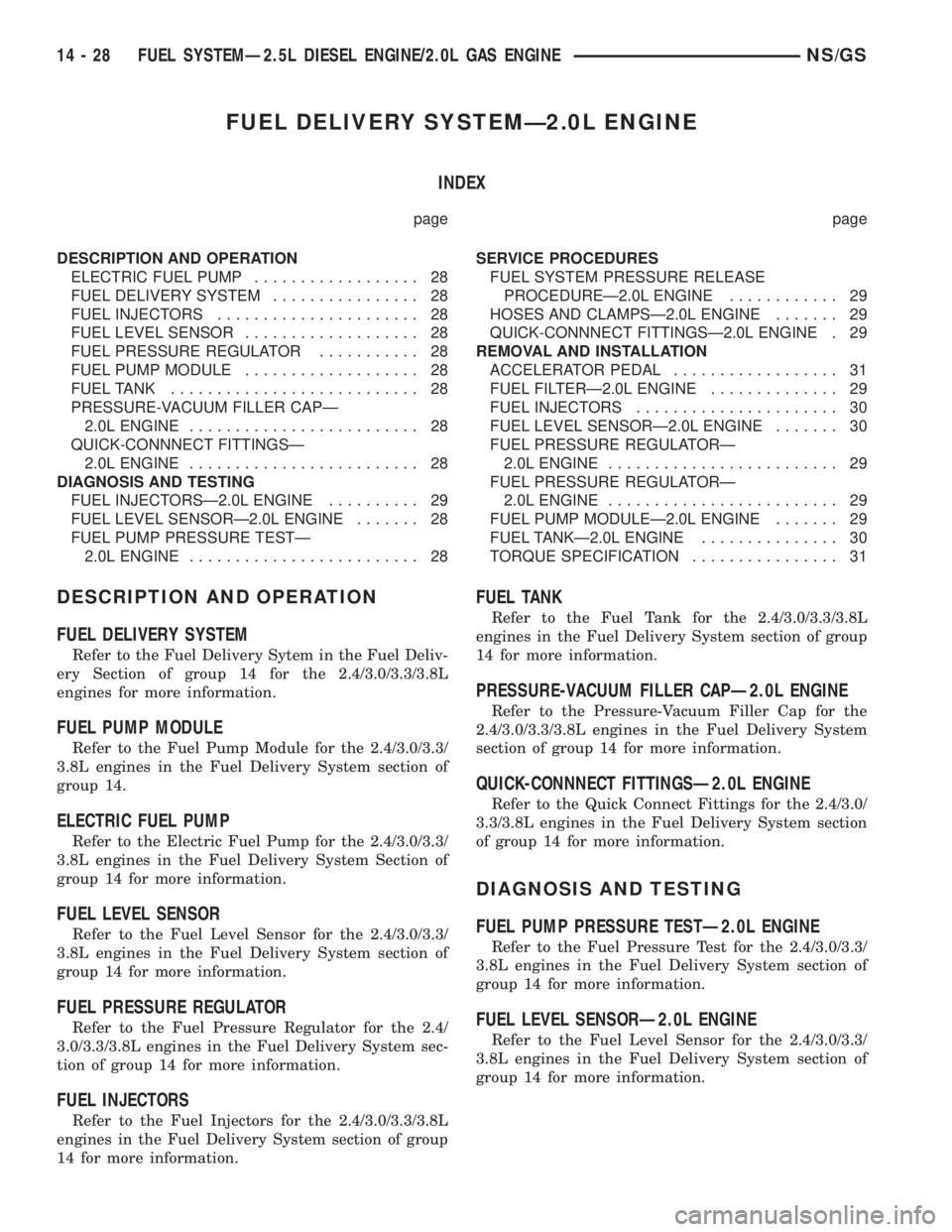 CHRYSLER VOYAGER 1996  Service Manual FUEL DELIVERY SYSTEMÐ2.0L ENGINE
INDEX
page page
DESCRIPTION AND OPERATION
ELECTRIC FUEL PUMP.................. 28
FUEL DELIVERY SYSTEM................ 28
FUEL INJECTORS...................... 28
FUEL