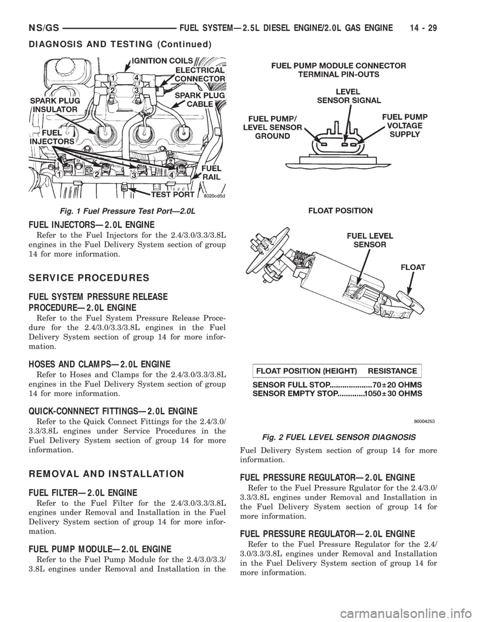CHRYSLER VOYAGER 1996  Service Manual FUEL INJECTORSÐ2.0L ENGINE
Refer to the Fuel Injectors for the 2.4/3.0/3.3/3.8L
engines in the Fuel Delivery System section of group
14 for more information.
SERVICE PROCEDURES
FUEL SYSTEM PRESSURE R