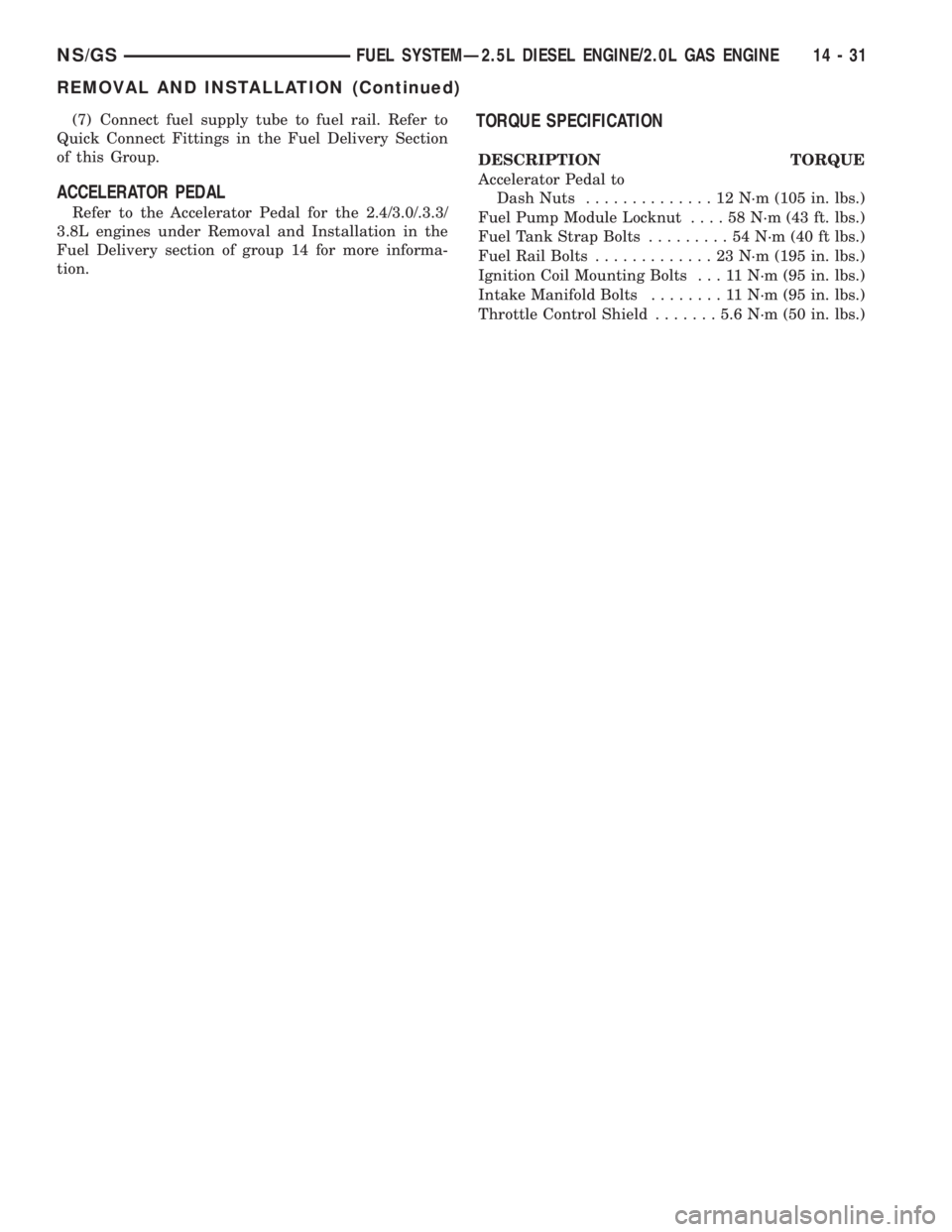 CHRYSLER VOYAGER 1996  Service Manual (7) Connect fuel supply tube to fuel rail. Refer to
Quick Connect Fittings in the Fuel Delivery Section
of this Group.
ACCELERATOR PEDAL
Refer to the Accelerator Pedal for the 2.4/3.0/.3.3/
3.8L engin