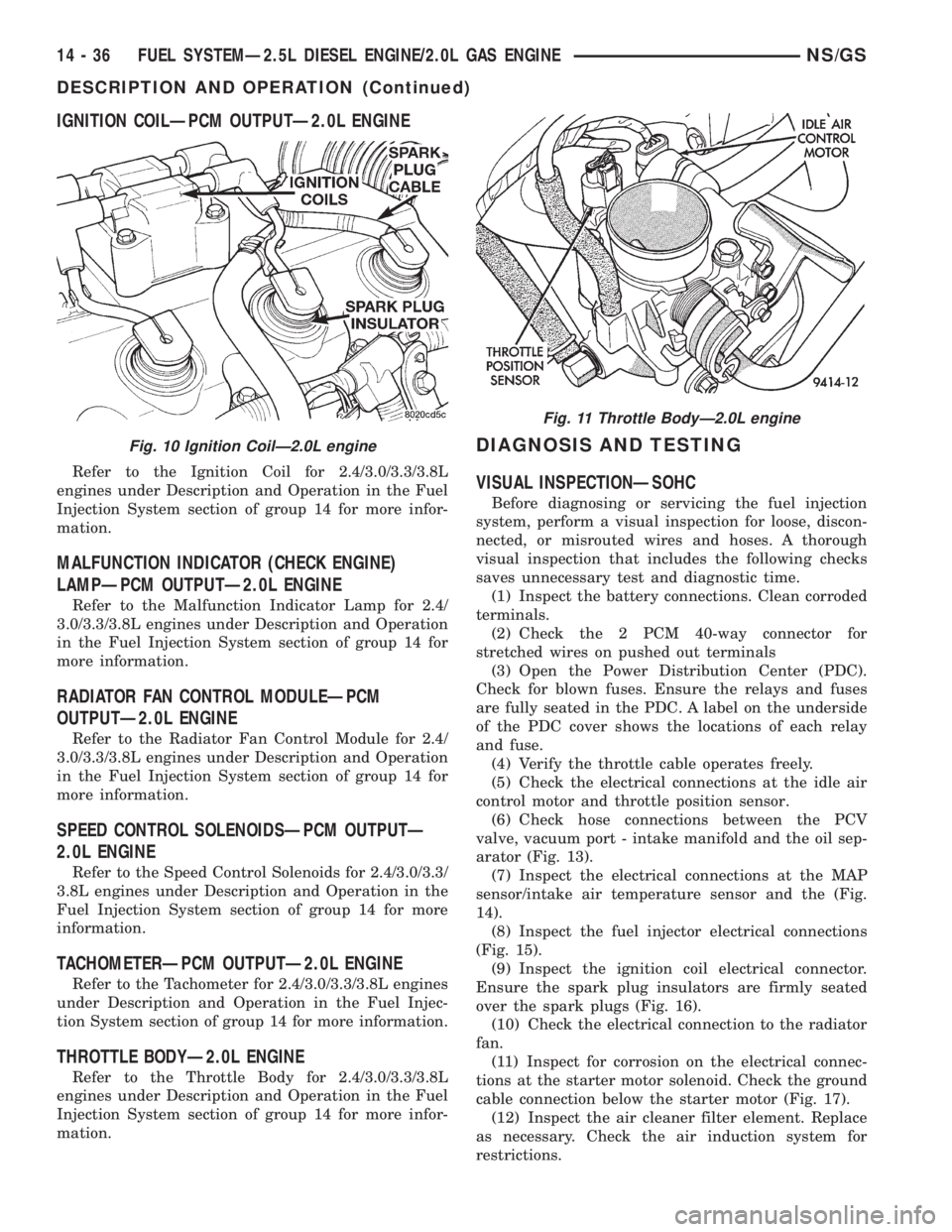 CHRYSLER VOYAGER 1996  Service Manual IGNITION COILÐPCM OUTPUTÐ2.0L ENGINE
Refer to the Ignition Coil for 2.4/3.0/3.3/3.8L
engines under Description and Operation in the Fuel
Injection System section of group 14 for more infor-
mation.
