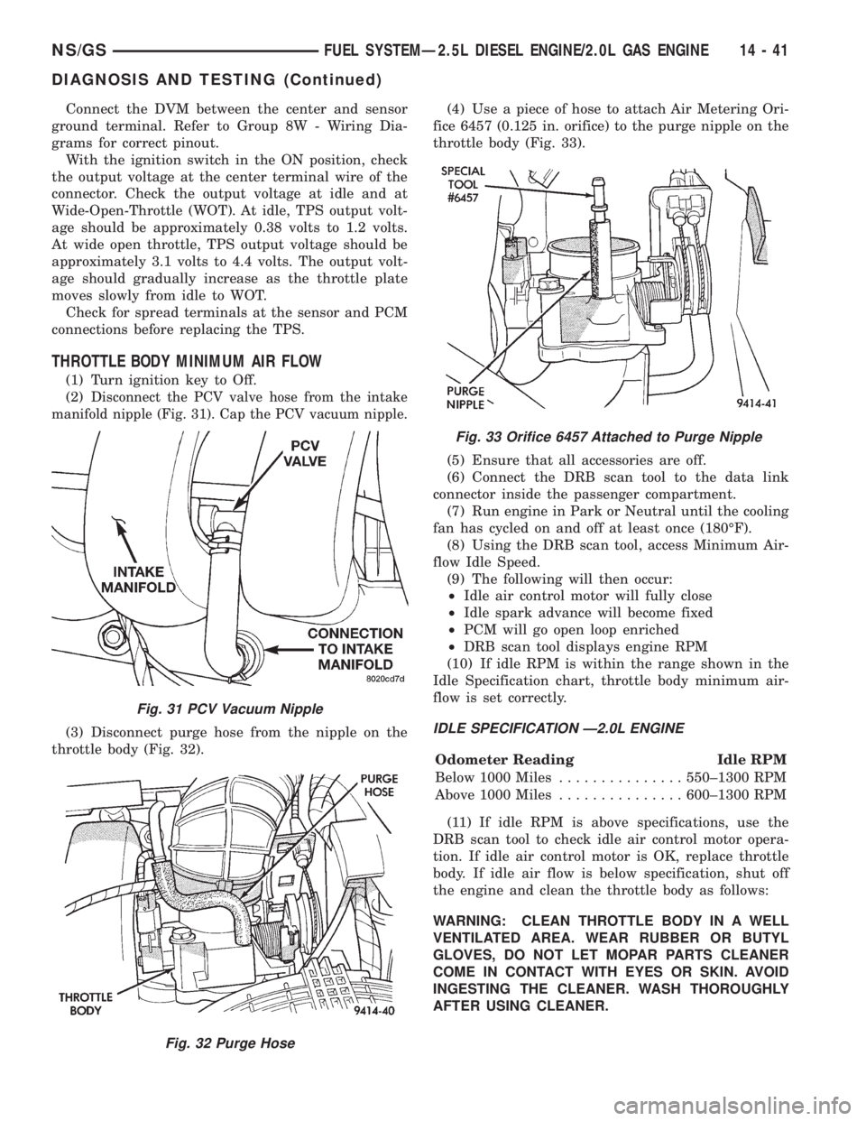 CHRYSLER VOYAGER 1996 Service Manual Connect the DVM between the center and sensor
ground terminal. Refer to Group 8W - Wiring Dia-
grams for correct pinout.
With the ignition switch in the ON position, check
the output voltage at the ce CHRYSLER VOYAGER 1996 Service Manual Connect the DVM between the center and sensor
ground terminal. Refer to Group 8W - Wiring Dia-
grams for correct pinout.
With the ignition switch in the ON position, check
the output voltage at the ce