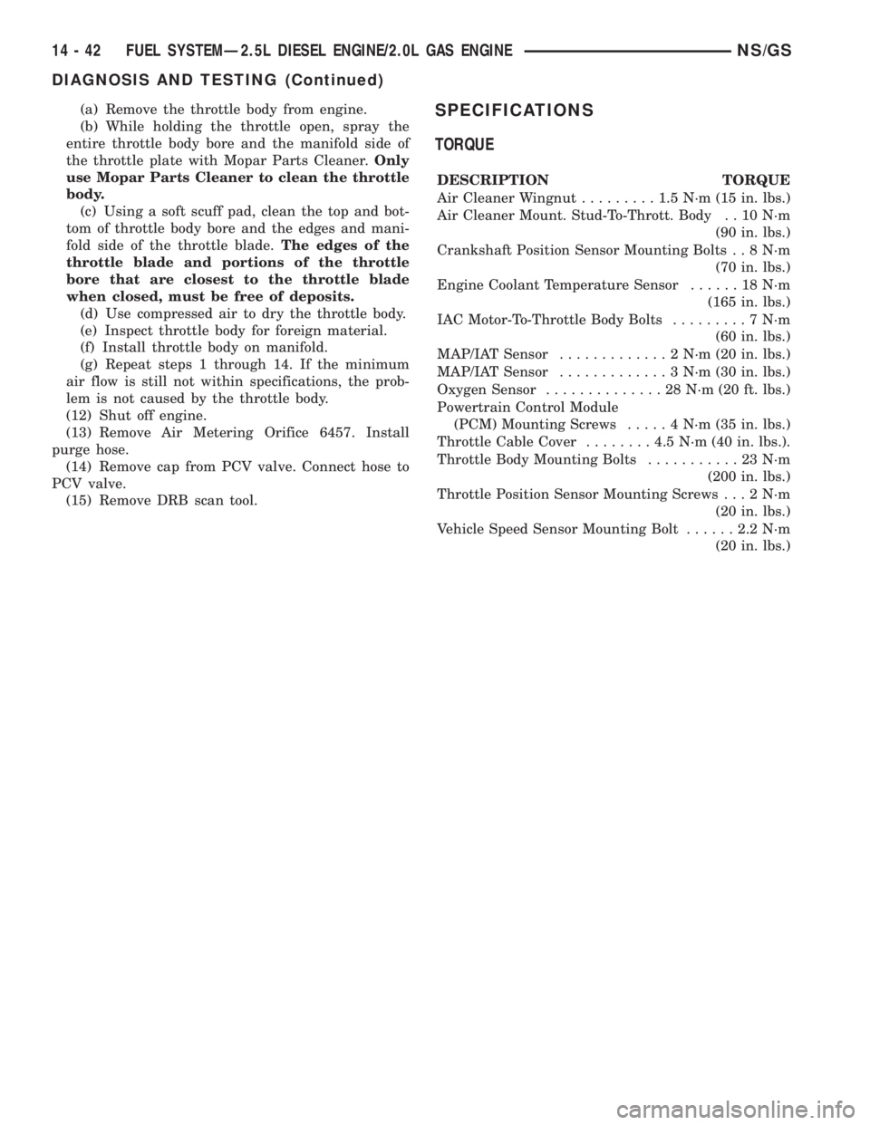 CHRYSLER VOYAGER 1996  Service Manual (a) Remove the throttle body from engine.
(b) While holding the throttle open, spray the
entire throttle body bore and the manifold side of
the throttle plate with Mopar Parts Cleaner.Only
use Mopar P