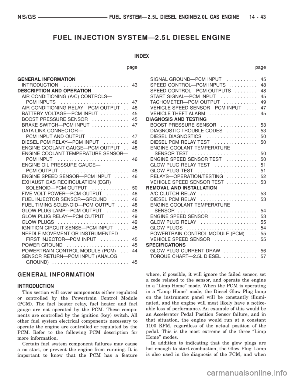 CHRYSLER VOYAGER 1996  Service Manual FUEL INJECTION SYSTEMÐ2.5L DIESEL ENGINE
INDEX
page page
GENERAL INFORMATION
INTRODUCTION....................... 43
DESCRIPTION AND OPERATION
AIR CONDITIONING (A/C) CONTROLSÐ
PCM INPUTS.............