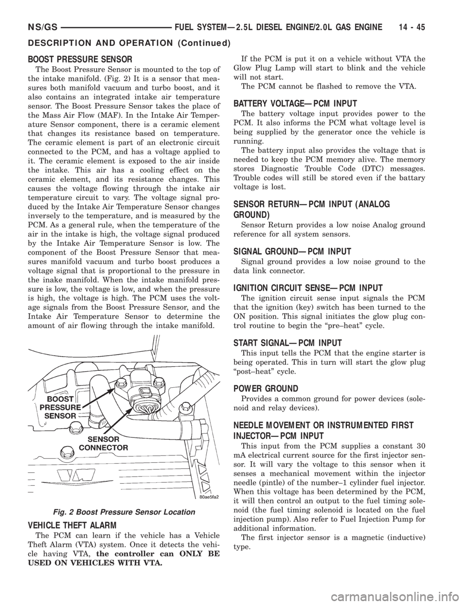 CHRYSLER VOYAGER 1996  Service Manual BOOST PRESSURE SENSOR
The Boost Pressure Sensor is mounted to the top of
the intake manifold. (Fig. 2) It is a sensor that mea-
sures both manifold vacuum and turbo boost, and it
also contains an inte