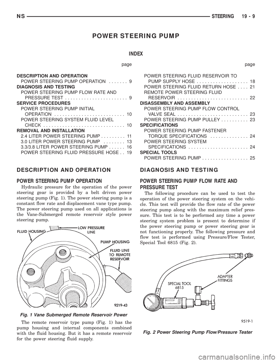 CHRYSLER VOYAGER 1996  Service Manual POWER STEERING PUMP
INDEX
page page
DESCRIPTION AND OPERATION
POWER STEERING PUMP OPERATION....... 9
DIAGNOSIS AND TESTING
POWER STEERING PUMP FLOW RATE AND
PRESSURE TEST....................... 9
SERV