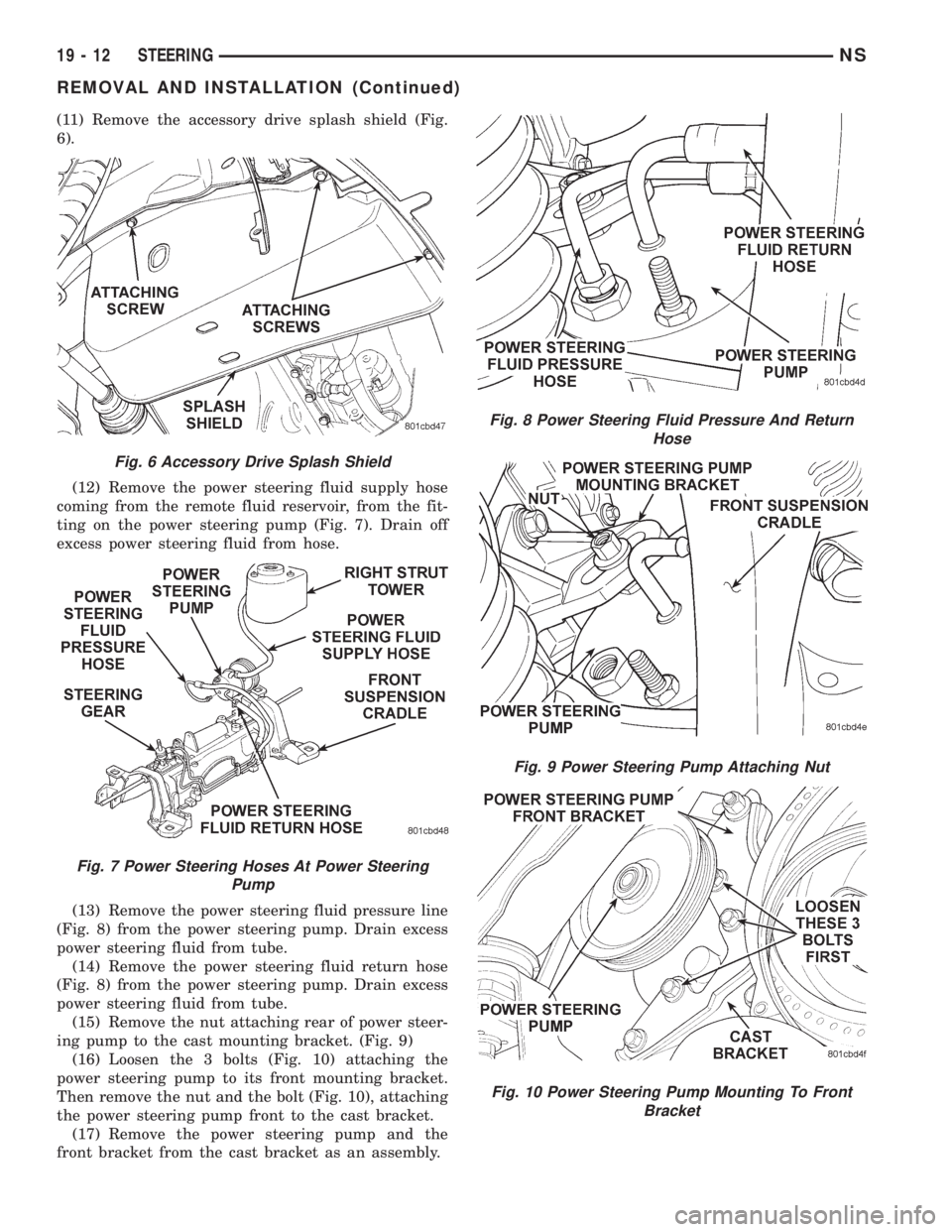 CHRYSLER VOYAGER 1996  Service Manual (11) Remove the accessory drive splash shield (Fig.
6).
(12) Remove the power steering fluid supply hose
coming from the remote fluid reservoir, from the fit-
ting on the power steering pump (Fig. 7).