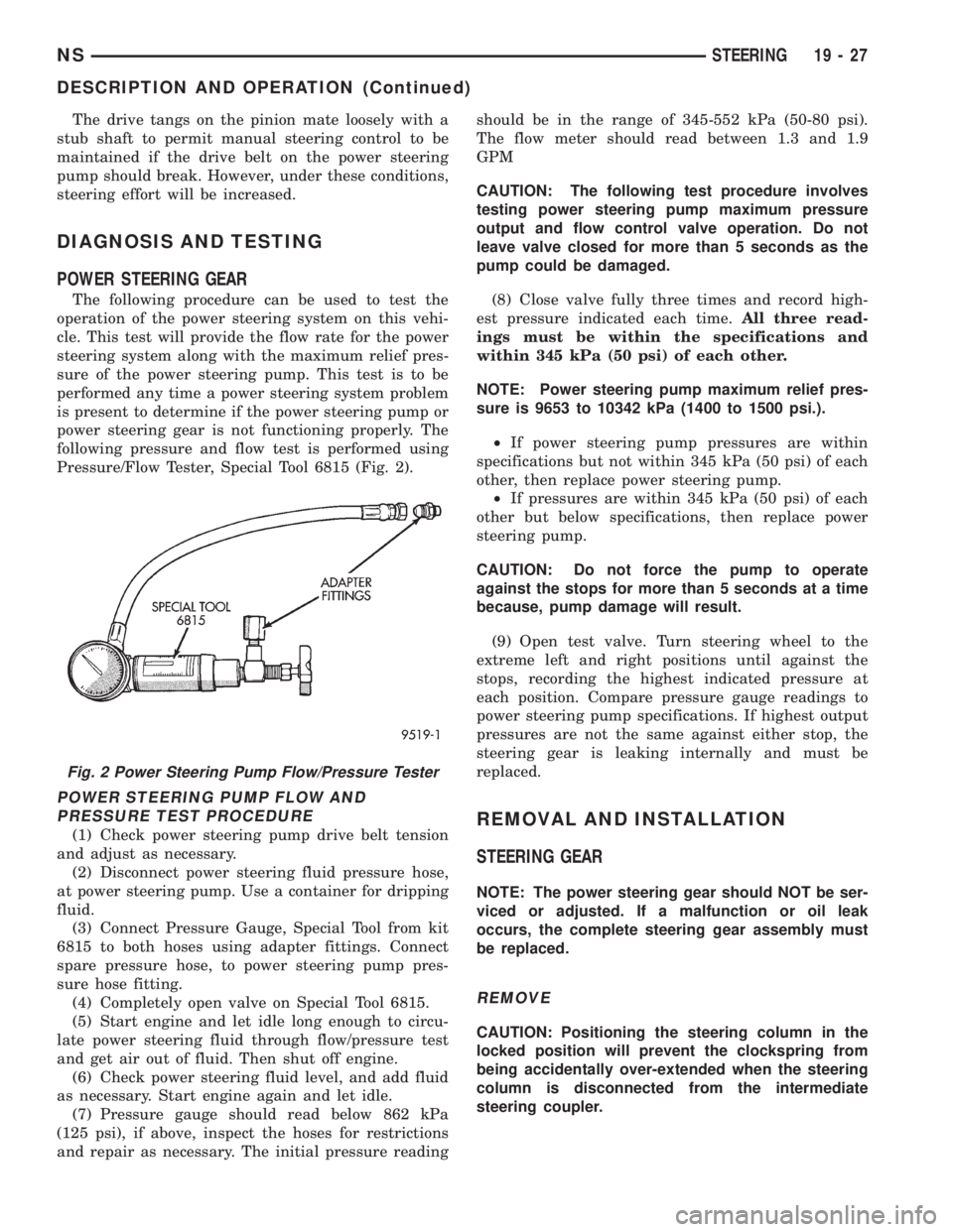 CHRYSLER VOYAGER 1996  Service Manual The drive tangs on the pinion mate loosely with a
stub shaft to permit manual steering control to be
maintained if the drive belt on the power steering
pump should break. However, under these conditio