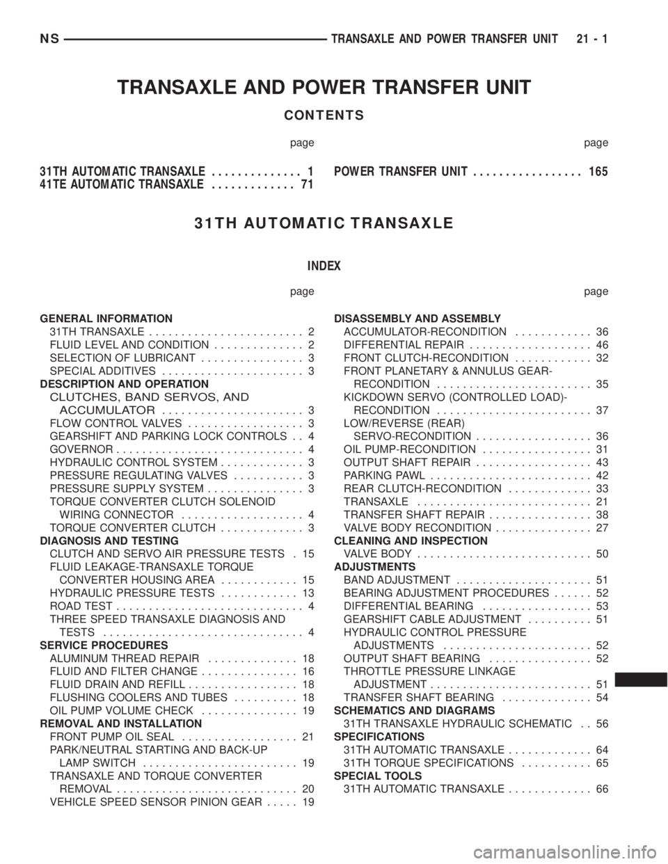 CHRYSLER VOYAGER 1996  Service Manual TRANSAXLE AND POWER TRANSFER UNIT
CONTENTS
page page
31TH AUTOMATIC TRANSAXLE.............. 1
41TE AUTOMATIC TRANSAXLE............. 71POWER TRANSFER UNIT................. 165
31TH AUTOMATIC TRANSAXLE
