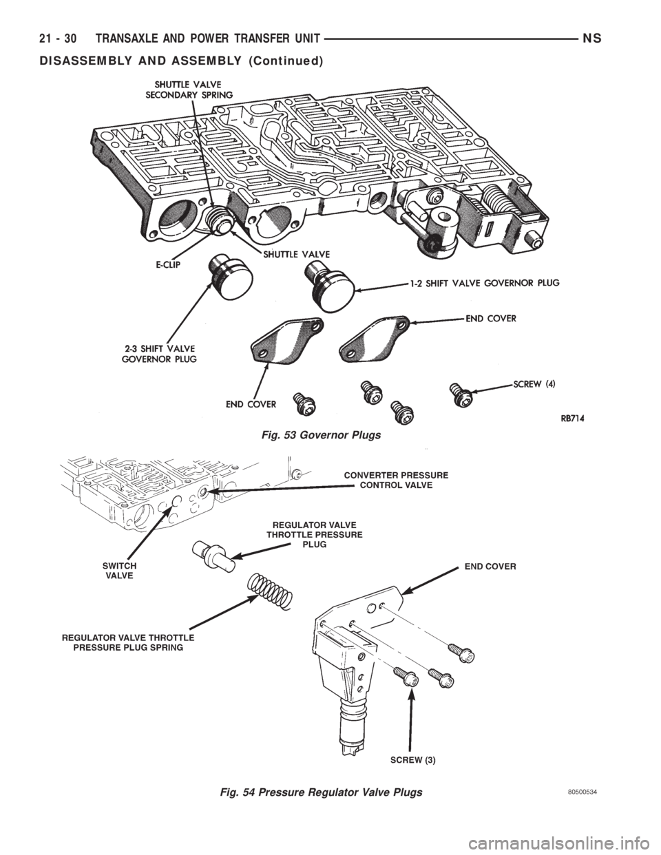 CHRYSLER VOYAGER 1996  Service Manual Fig. 53 Governor Plugs
Fig. 54 Pressure Regulator Valve Plugs
21 - 30 TRANSAXLE AND POWER TRANSFER UNITNS
DISASSEMBLY AND ASSEMBLY (Continued) 