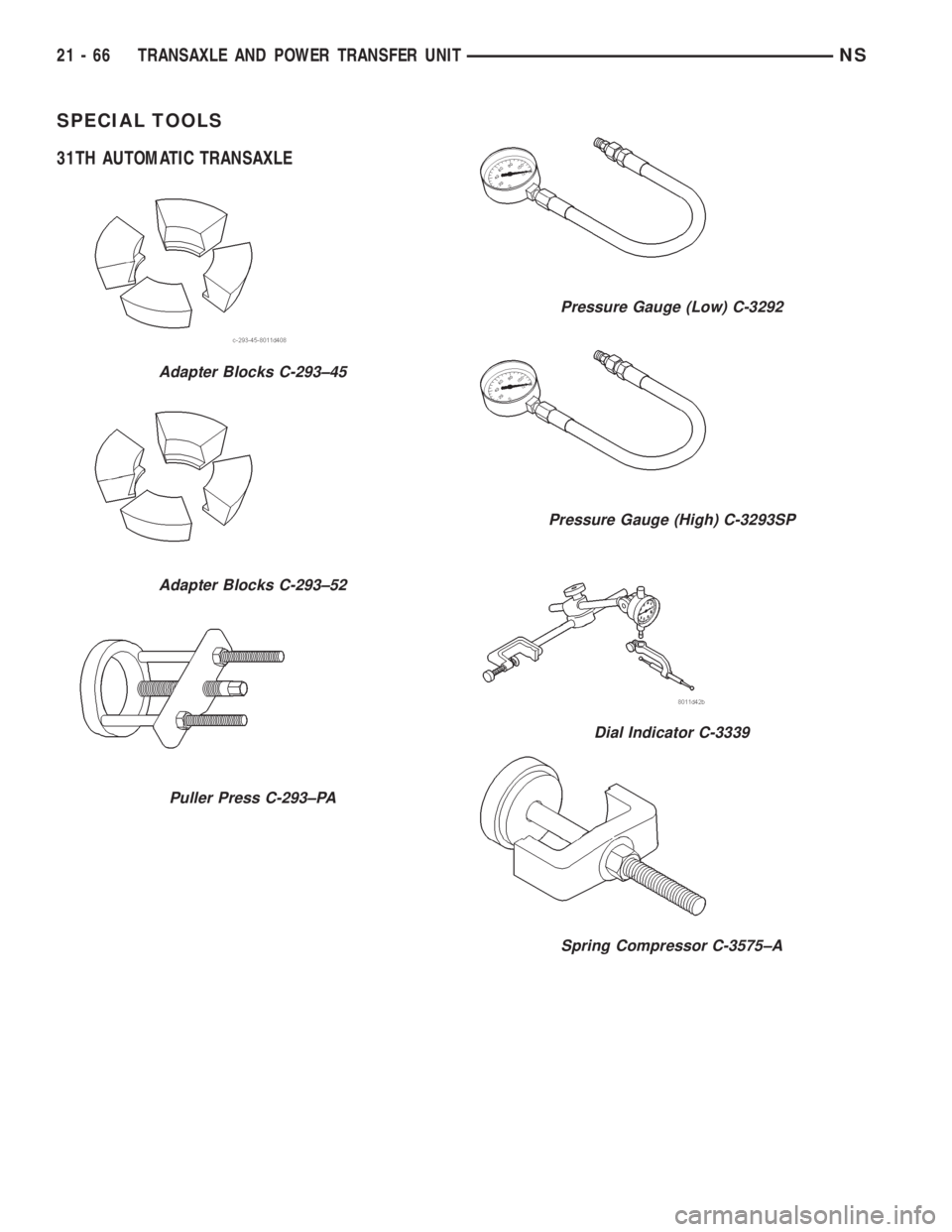 CHRYSLER VOYAGER 1996  Service Manual SPECIAL TOOLS
31TH AUTOMATIC TRANSAXLE
Adapter Blocks C-293±45
Adapter Blocks C-293±52
Puller Press C-293±PA
Pressure Gauge (Low) C-3292
Pressure Gauge (High) C-3293SP
Dial Indicator C-3339
Spring 
