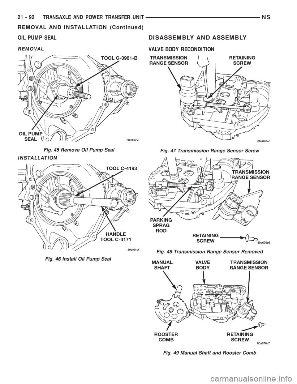 CHRYSLER VOYAGER 1996  Service Manual OIL PUMP SEAL
REMOVAL
INSTALLATION
DISASSEMBLY AND ASSEMBLY
VALVE BODY RECONDITION
Fig. 45 Remove Oil Pump Seal
Fig. 46 Install Oil Pump Seal
Fig. 47 Transmission Range Sensor Screw
Fig. 48 Transmissi
