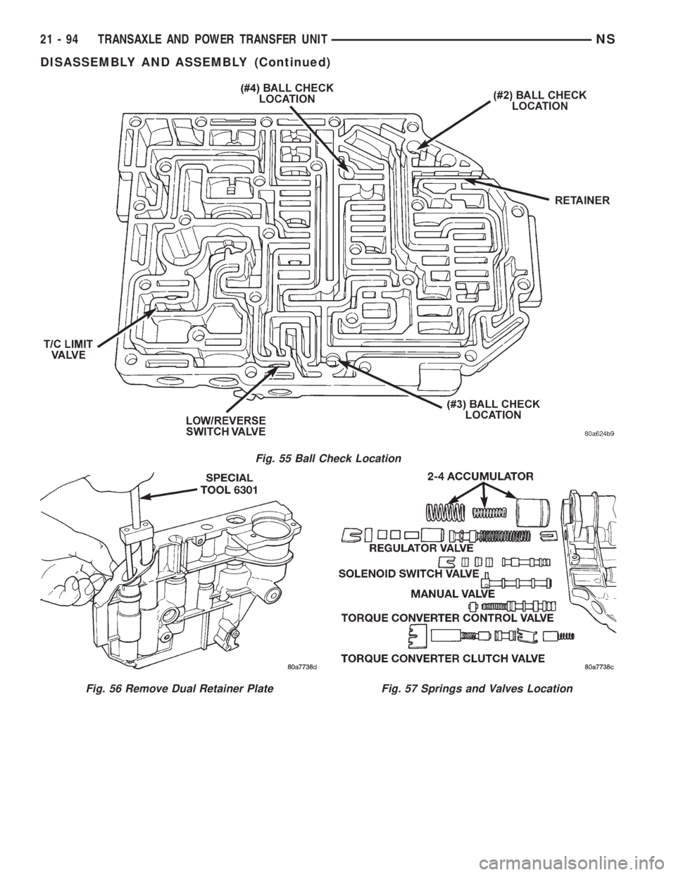 CHRYSLER VOYAGER 1996  Service Manual Fig. 55 Ball Check Location
Fig. 56 Remove Dual Retainer PlateFig. 57 Springs and Valves Location
21 - 94 TRANSAXLE AND POWER TRANSFER UNITNS
DISASSEMBLY AND ASSEMBLY (Continued) 