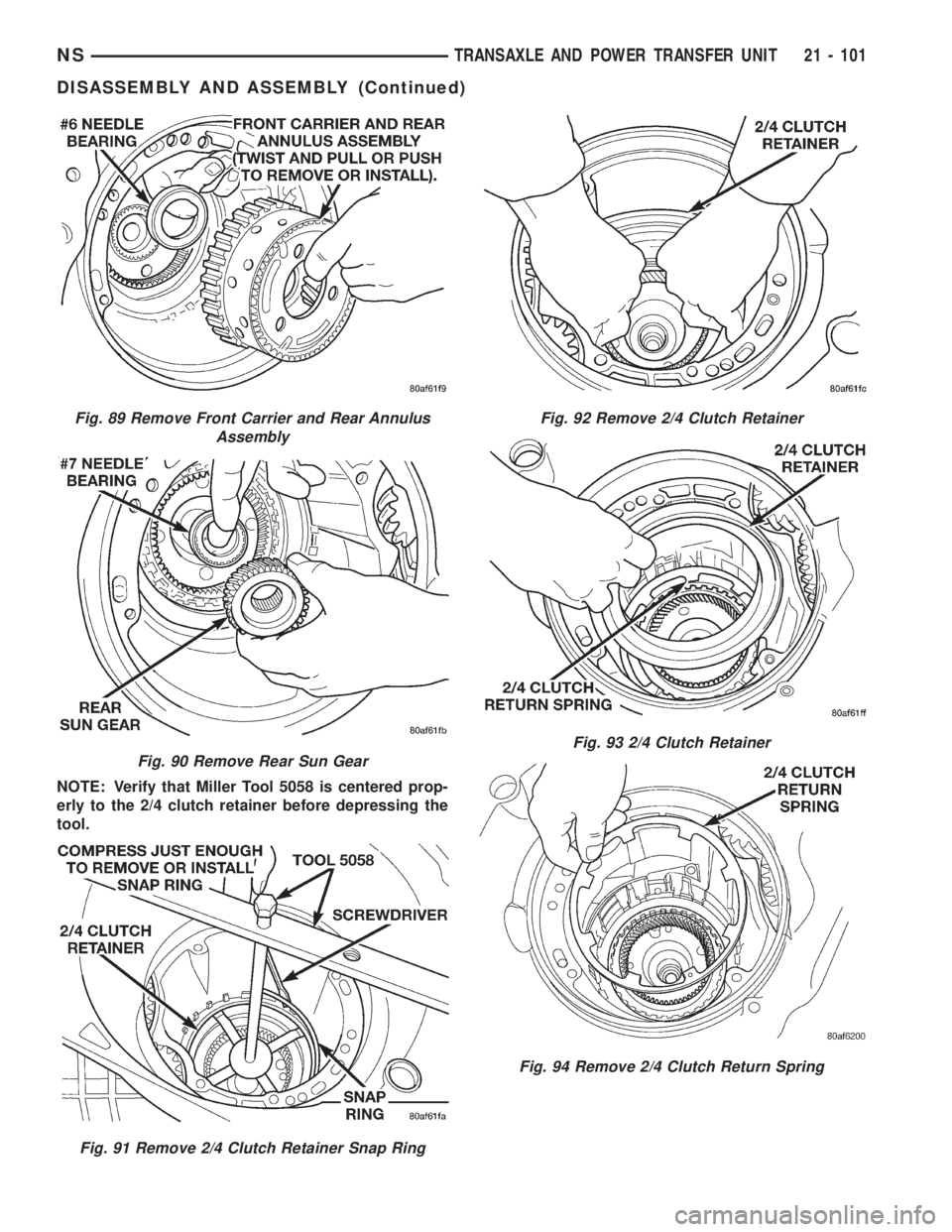 CHRYSLER VOYAGER 1996  Service Manual NOTE: Verify that Miller Tool 5058 is centered prop-
erly to the 2/4 clutch retainer before depressing the
tool.
Fig. 89 Remove Front Carrier and Rear Annulus
Assembly
Fig. 90 Remove Rear Sun Gear
Fig