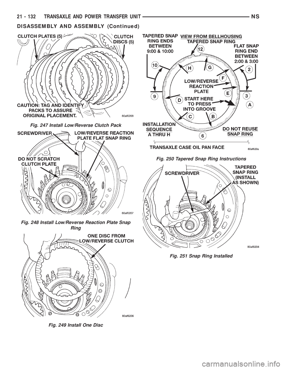CHRYSLER VOYAGER 1996  Service Manual Fig. 247 Install Low/Reverse Clutch Pack
Fig. 248 Install Low/Reverse Reaction Plate Snap
Ring
Fig. 249 Install One Disc
Fig. 250 Tapered Snap Ring Instructions
Fig. 251 Snap Ring Installed
21 - 132 T