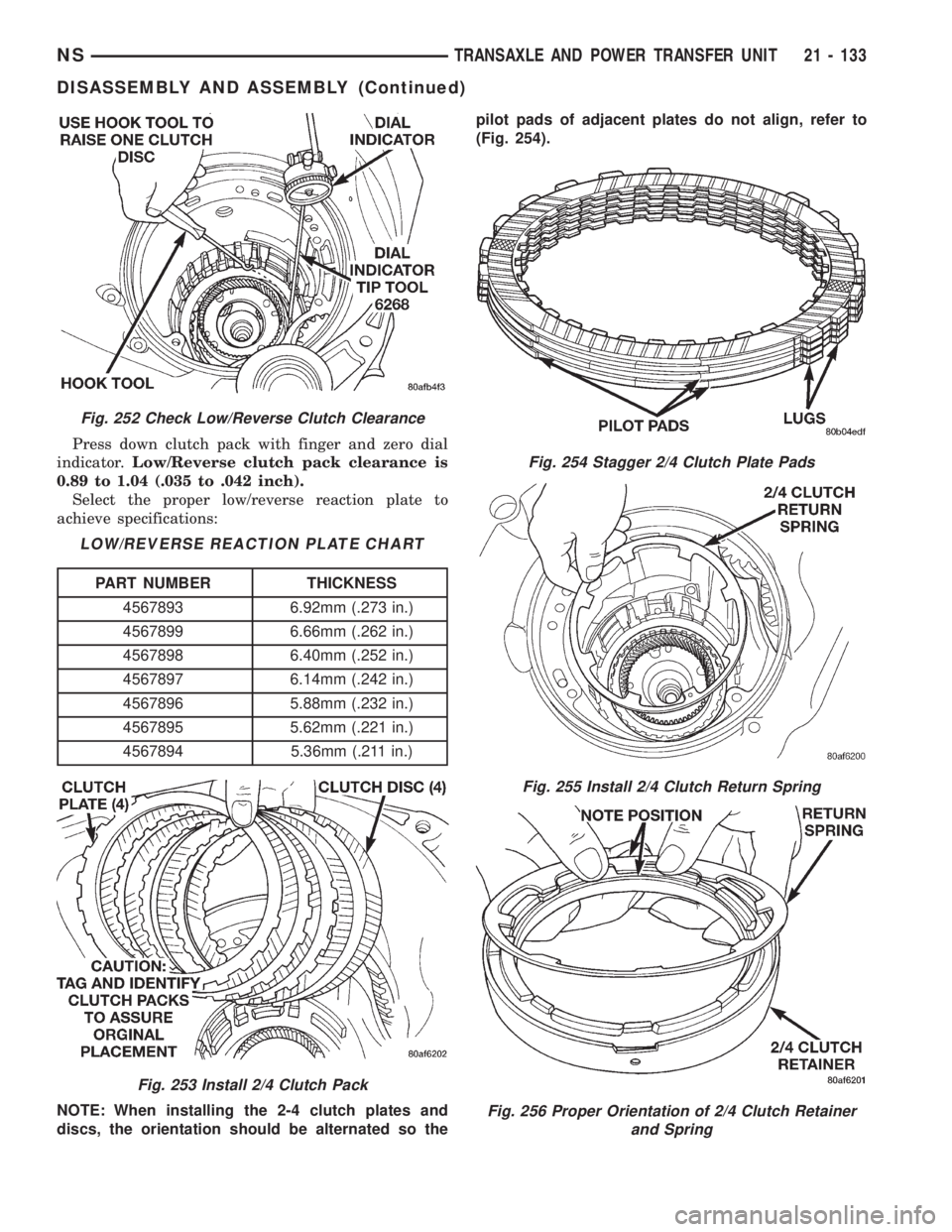 CHRYSLER VOYAGER 1996  Service Manual Press down clutch pack with finger and zero dial
indicator.Low/Reverse clutch pack clearance is
0.89 to 1.04 (.035 to .042 inch).
Select the proper low/reverse reaction plate to
achieve specifications