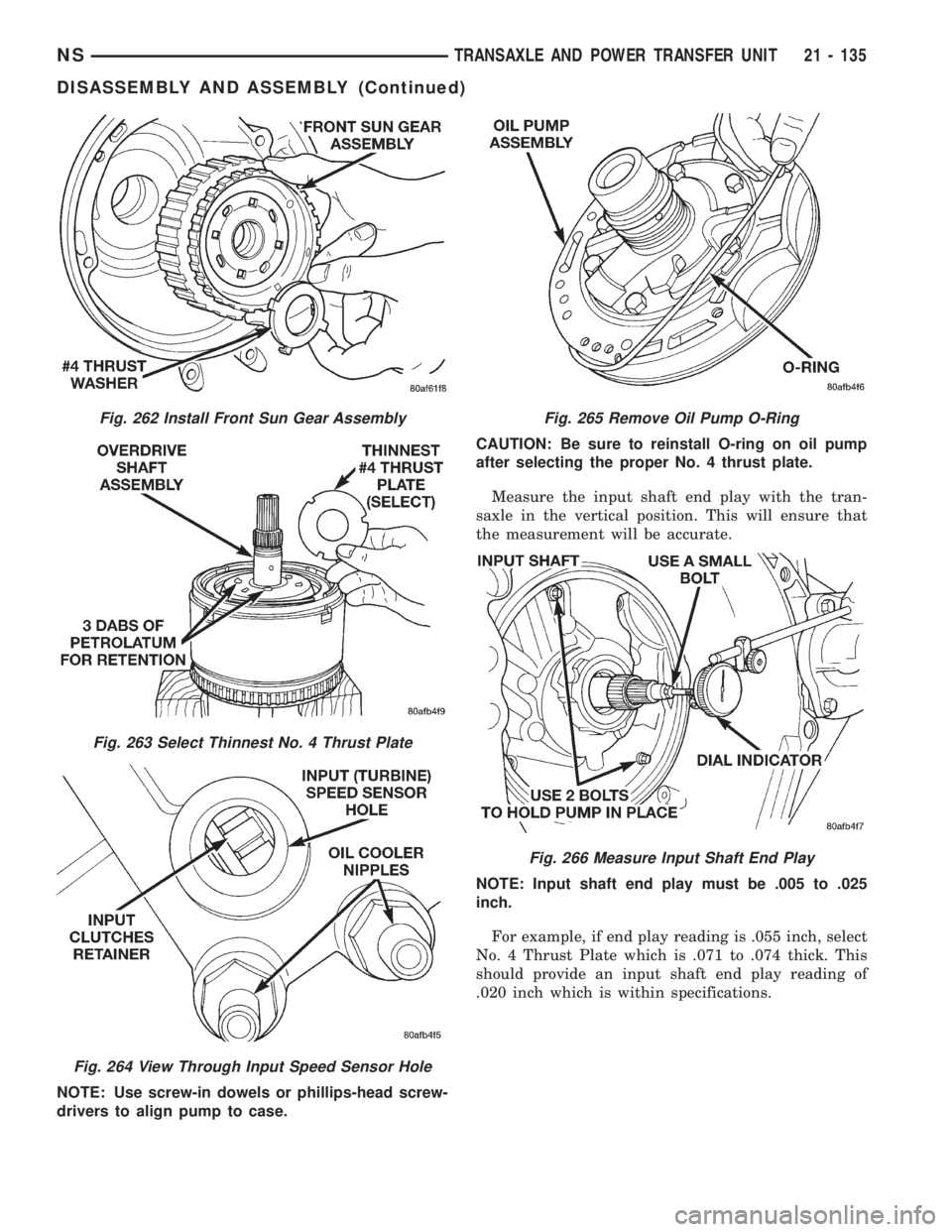 CHRYSLER VOYAGER 1996  Service Manual NOTE: Use screw-in dowels or phillips-head screw-
drivers to align pump to case.CAUTION: Be sure to reinstall O-ring on oil pump
after selecting the proper No. 4 thrust plate.
Measure the input shaft 