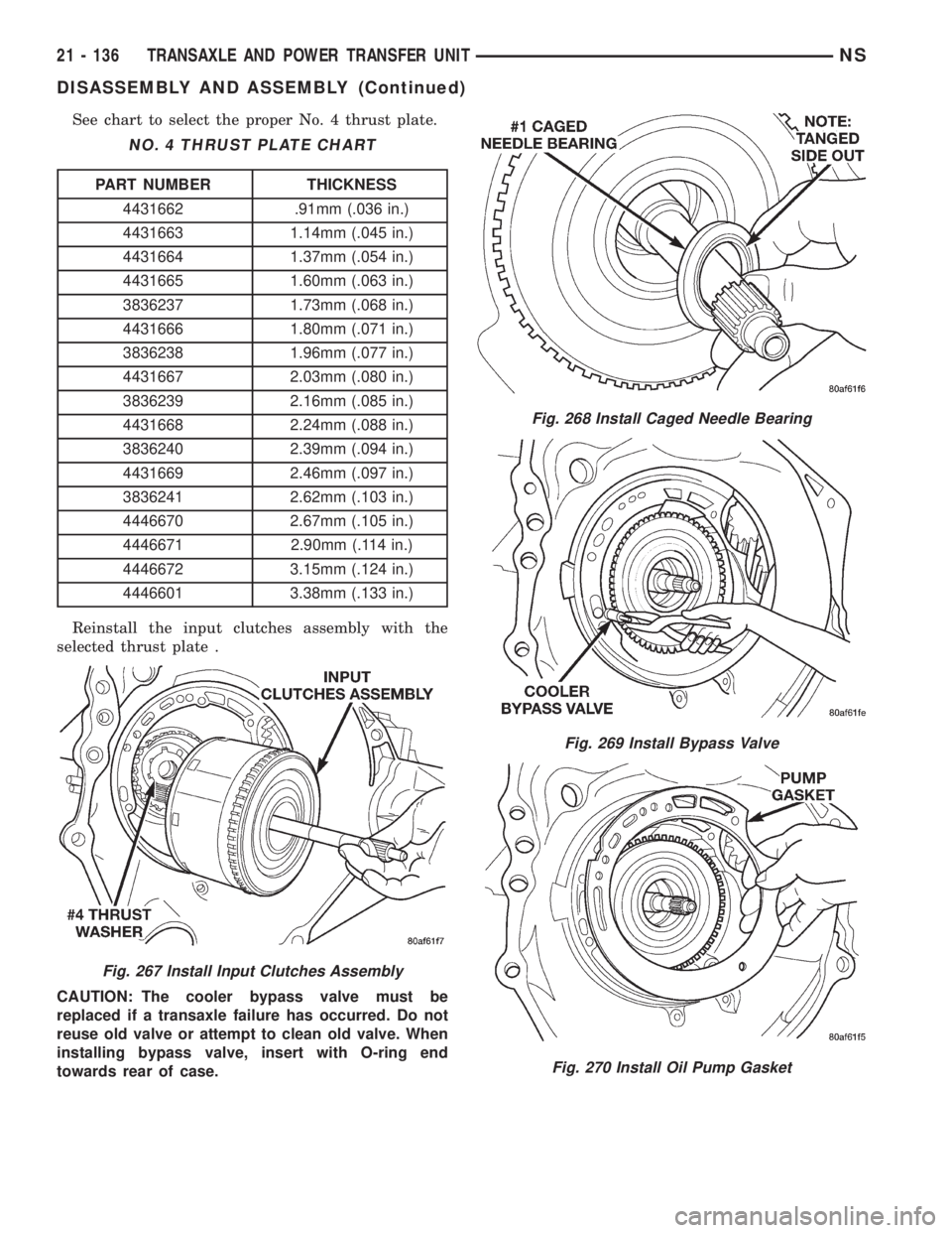 CHRYSLER VOYAGER 1996 Service Manual See chart to select the proper No. 4 thrust plate.
Reinstall the input clutches assembly with the
selected thrust plate .
CAUTION: The cooler bypass valve must be
replaced if a transaxle failure has o CHRYSLER VOYAGER 1996 Service Manual See chart to select the proper No. 4 thrust plate.
Reinstall the input clutches assembly with the
selected thrust plate .
CAUTION: The cooler bypass valve must be
replaced if a transaxle failure has o