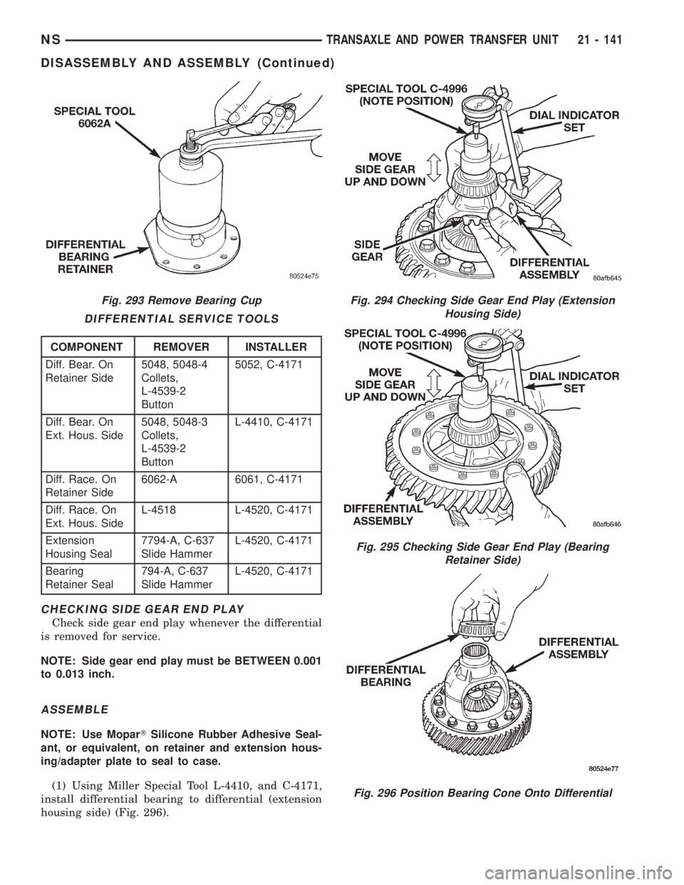 CHRYSLER VOYAGER 1996 Service Manual CHECKING SIDE GEAR END PLAY
Check side gear end play whenever the differential
is removed for service.
NOTE: Side gear end play must be BETWEEN 0.001
to 0.013 inch.
ASSEMBLE
NOTE: Use MoparTSilicone R CHRYSLER VOYAGER 1996 Service Manual CHECKING SIDE GEAR END PLAY
Check side gear end play whenever the differential
is removed for service.
NOTE: Side gear end play must be BETWEEN 0.001
to 0.013 inch.
ASSEMBLE
NOTE: Use MoparTSilicone R