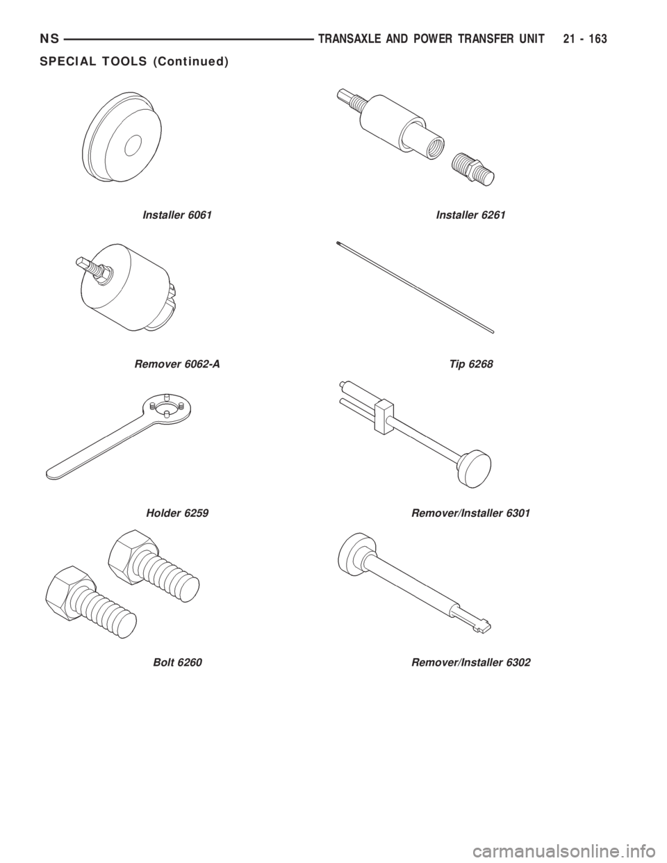CHRYSLER VOYAGER 1996  Service Manual Installer 6061
Remover 6062-A
Holder 6259
Bolt 6260
Installer 6261
Tip 6268
Remover/Installer 6301
Remover/Installer 6302
NSTRANSAXLE AND POWER TRANSFER UNIT 21 - 163
SPECIAL TOOLS (Continued) 