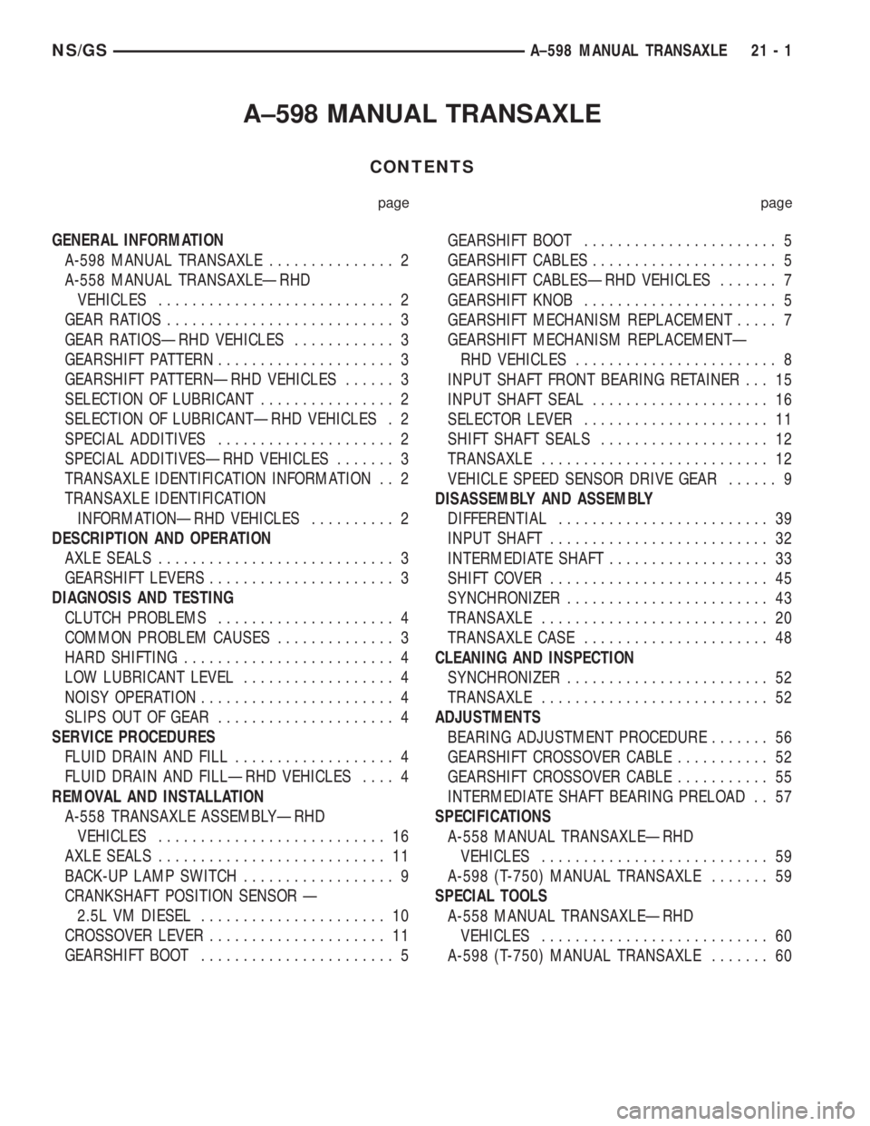CHRYSLER VOYAGER 1996  Service Manual A±598 MANUAL TRANSAXLE
CONTENTS
page page
GENERAL INFORMATION
A-598 MANUAL TRANSAXLE............... 2
A-558 MANUAL TRANSAXLEÐRHD
VEHICLES............................ 2
GEAR RATIOS...................