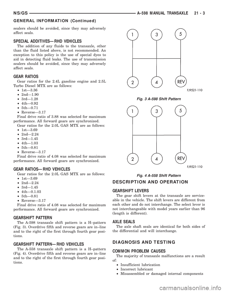 CHRYSLER VOYAGER 1996  Service Manual sealers should be avoided, since they may adversely
affect seals.
SPECIAL ADDITIVESÐRHD VEHICLES
The addition of any fluids to the transaxle, other
than the fluid listed above, is not recommended. An