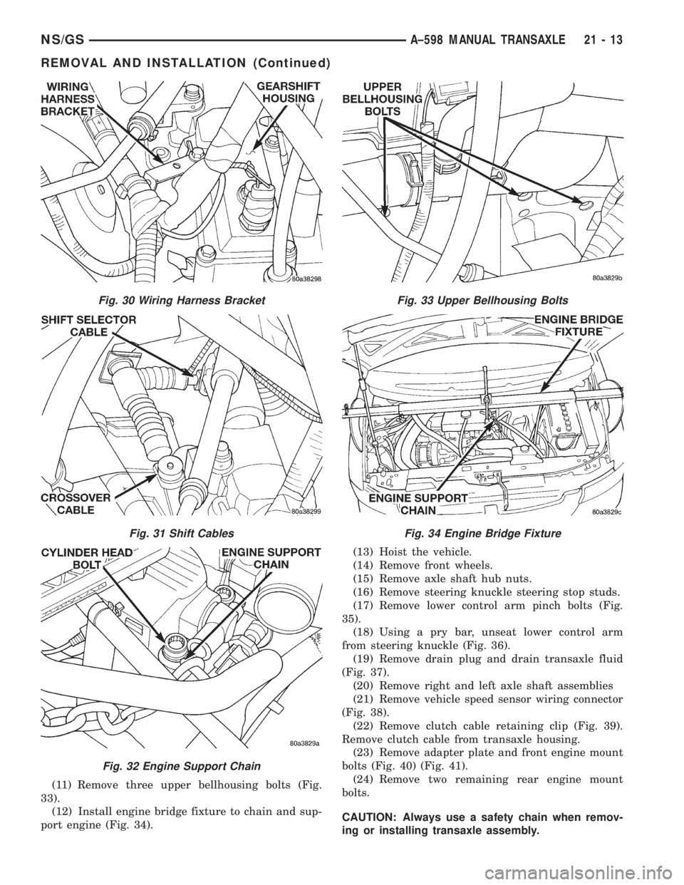 CHRYSLER VOYAGER 1996  Service Manual (11) Remove three upper bellhousing bolts (Fig.
33).
(12) Install engine bridge fixture to chain and sup-
port engine (Fig. 34).(13) Hoist the vehicle.
(14) Remove front wheels.
(15) Remove axle shaft