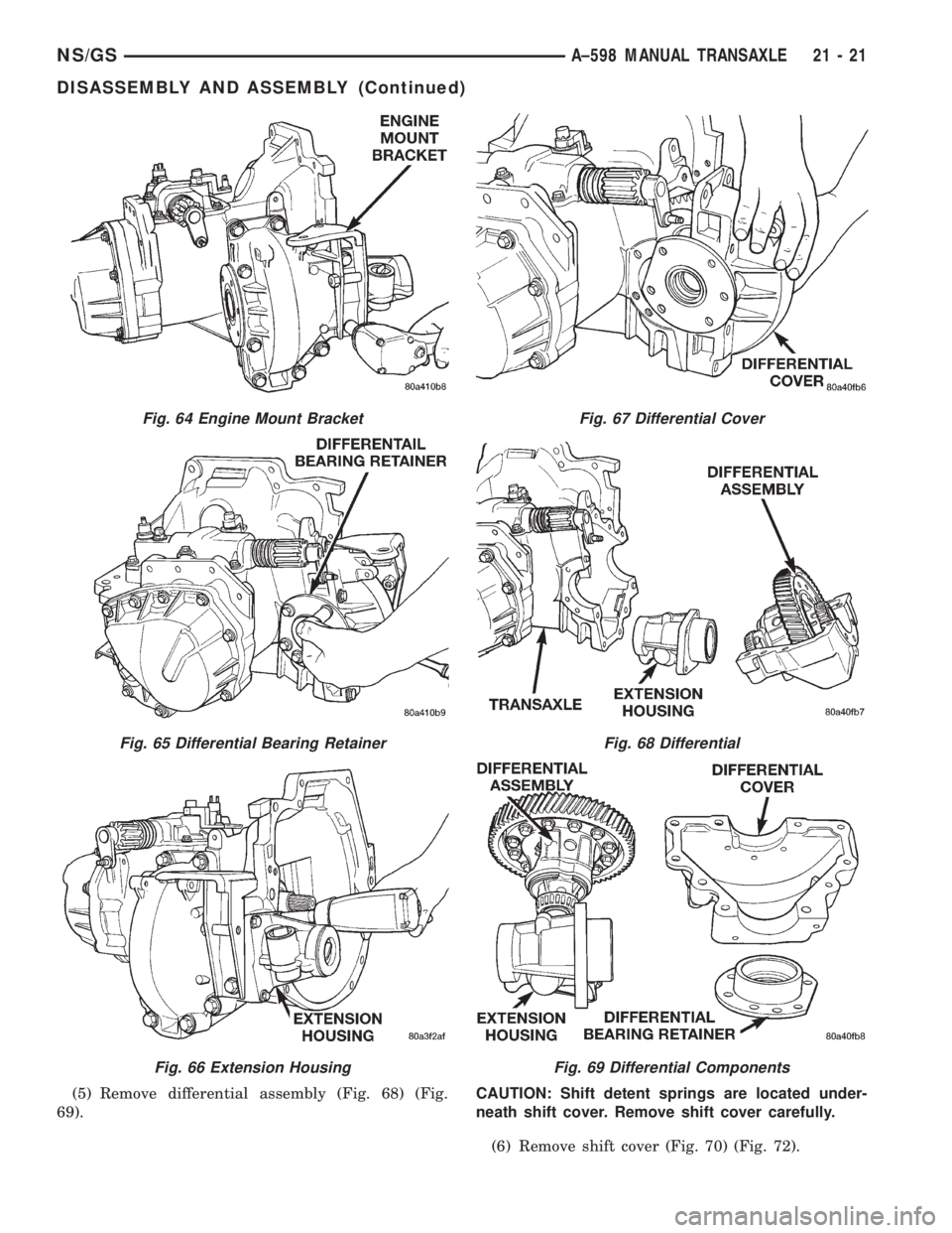 CHRYSLER VOYAGER 1996  Service Manual (5) Remove differential assembly (Fig. 68) (Fig.
69).CAUTION: Shift detent springs are located under-
neath shift cover. Remove shift cover carefully.
(6) Remove shift cover (Fig. 70) (Fig. 72).
Fig. 