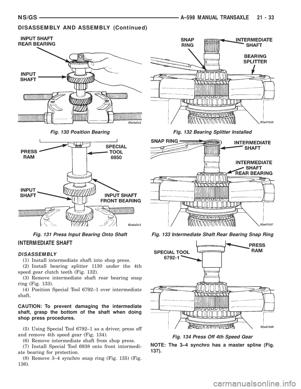 CHRYSLER VOYAGER 1996  Service Manual INTERMEDIATE SHAFT
DISASSEMBLY
(1) Install intermediate shaft into shop press.
(2) Install bearing splitter 1130 under the 4th
speed gear clutch teeth (Fig. 132).
(3) Remove intermediate shaft rear be