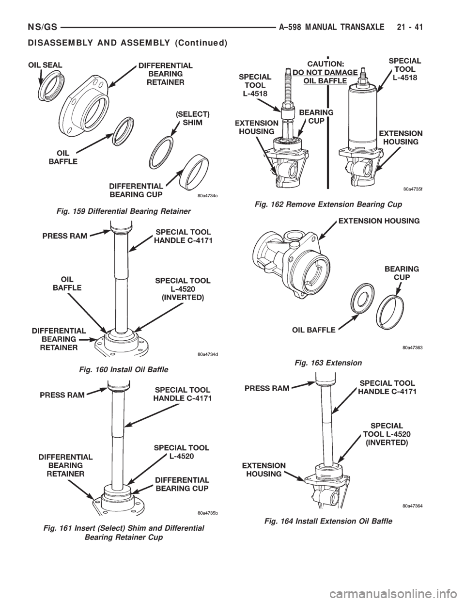 CHRYSLER VOYAGER 1996  Service Manual Fig. 159 Differential Bearing Retainer
Fig. 160 Install Oil Baffle
Fig. 161 Insert (Select) Shim and Differential
Bearing Retainer Cup
Fig. 162 Remove Extension Bearing Cup
Fig. 163 Extension
Fig. 164