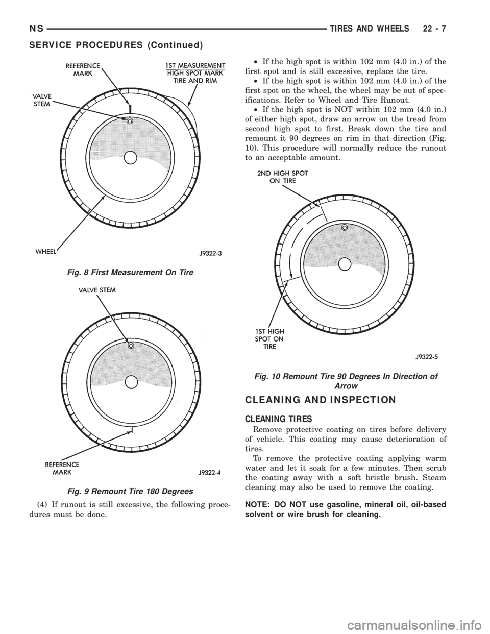 CHRYSLER VOYAGER 1996  Service Manual (4) If runout is still excessive, the following proce-
dures must be done.²If the high spot is within 102 mm (4.0 in.) of the
first spot and is still excessive, replace the tire.
²If the high spot i