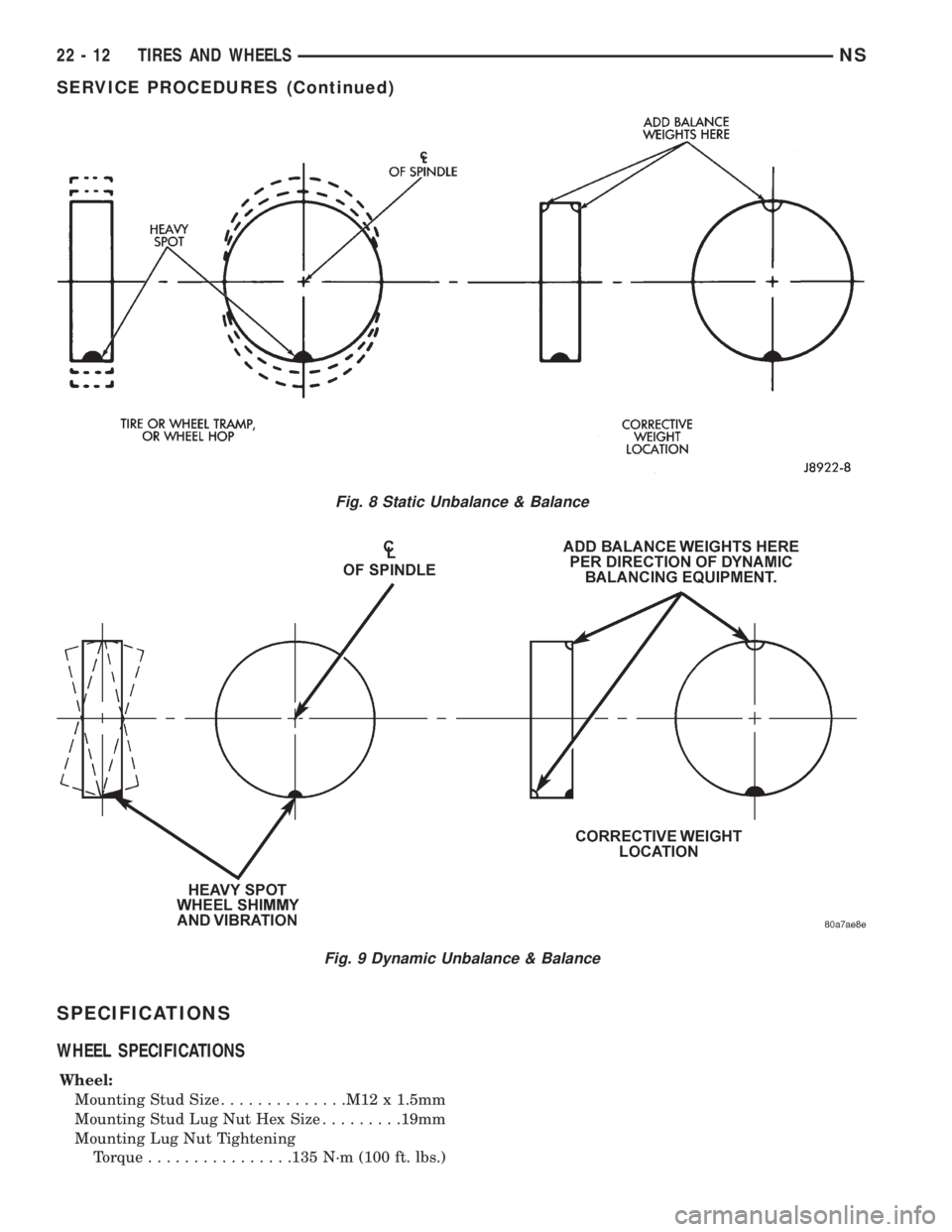 CHRYSLER VOYAGER 1996  Service Manual SPECIFICATIONS
WHEEL SPECIFICATIONS
Wheel:
Mounting Stud Size..............M12 x 1.5mm
Mounting Stud Lug Nut Hex Size.........19mm
Mounting Lug Nut Tightening
Torque................135 N´m (100 ft. l