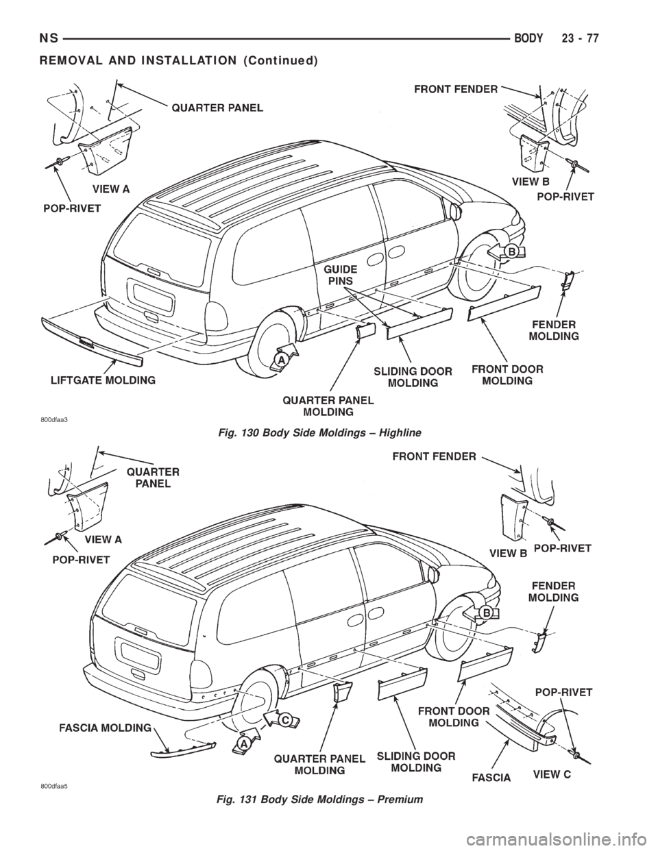 CHRYSLER VOYAGER 1996  Service Manual Fig. 130 Body Side Moldings ± Highline
Fig. 131 Body Side Moldings ± Premium
NSBODY 23 - 77
REMOVAL AND INSTALLATION (Continued) 