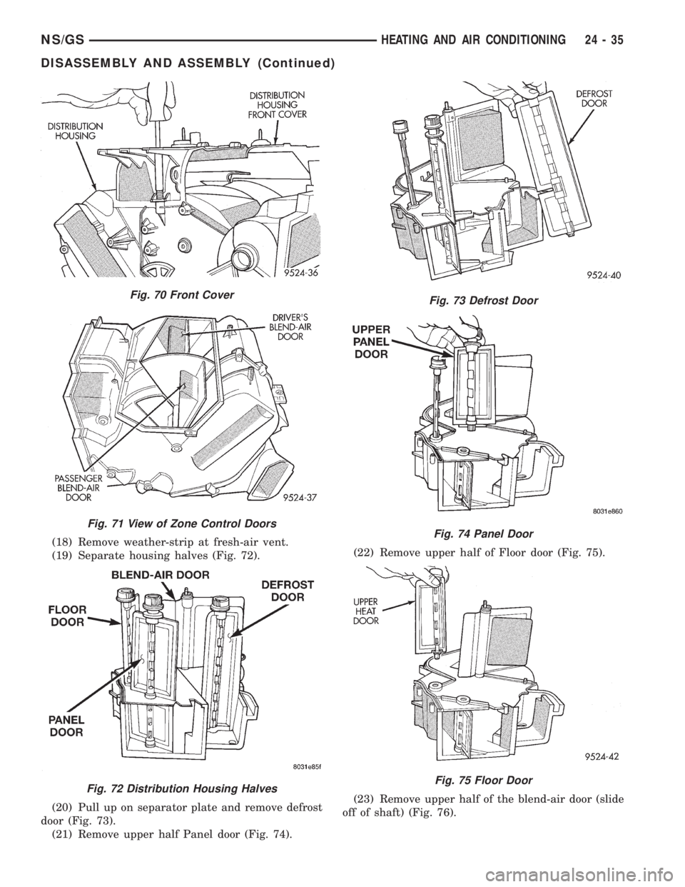CHRYSLER VOYAGER 1996  Service Manual (18) Remove weather-strip at fresh-air vent.
(19) Separate housing halves (Fig. 72).
(20) Pull up on separator plate and remove defrost
door (Fig. 73).
(21) Remove upper half Panel door (Fig. 74).(22)