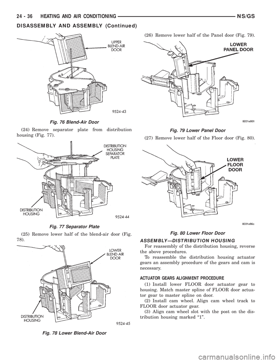 CHRYSLER VOYAGER 1996  Service Manual (24) Remove separator plate from distribution
housing (Fig. 77).
(25) Remove lower half of the blend-air door (Fig.
78).(26) Remove lower half of the Panel door (Fig. 79).
(27) Remove lower half of th