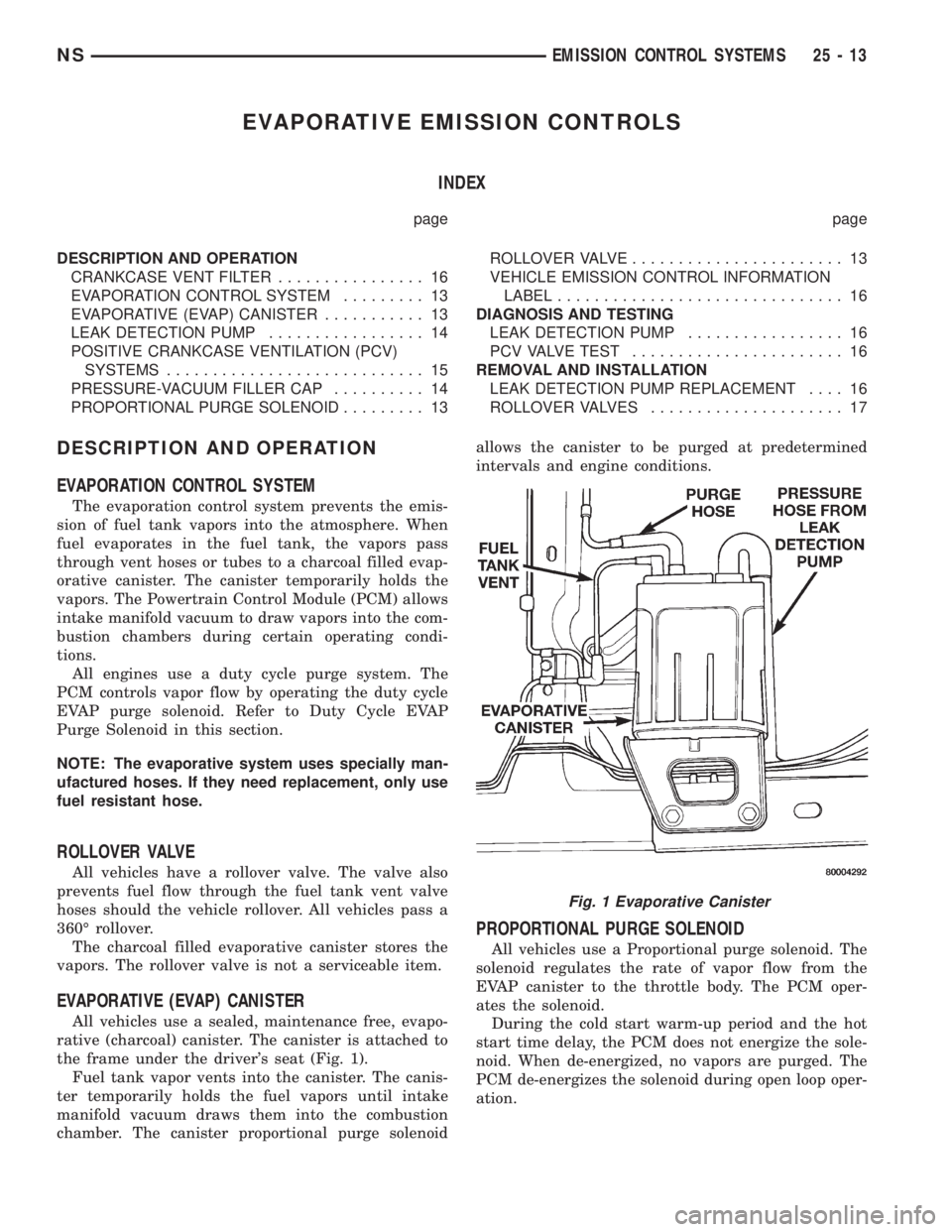 CHRYSLER VOYAGER 1996  Service Manual EVAPORATIVE EMISSION CONTROLS
INDEX
page page
DESCRIPTION AND OPERATION
CRANKCASE VENT FILTER................ 16
EVAPORATION CONTROL SYSTEM......... 13
EVAPORATIVE (EVAP) CANISTER........... 13
LEAK D