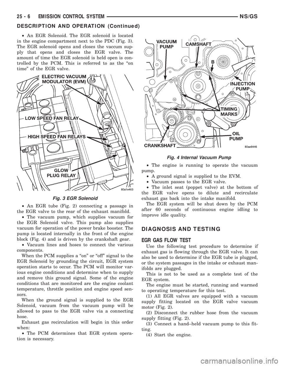 CHRYSLER VOYAGER 1996  Service Manual ²An EGR Solenoid. The EGR solenoid is located
in the engine compartment next to the PDC (Fig. 3).
The EGR solenoid opens and closes the vaccum sup-
ply that opens and closes the EGR valve. The
amount