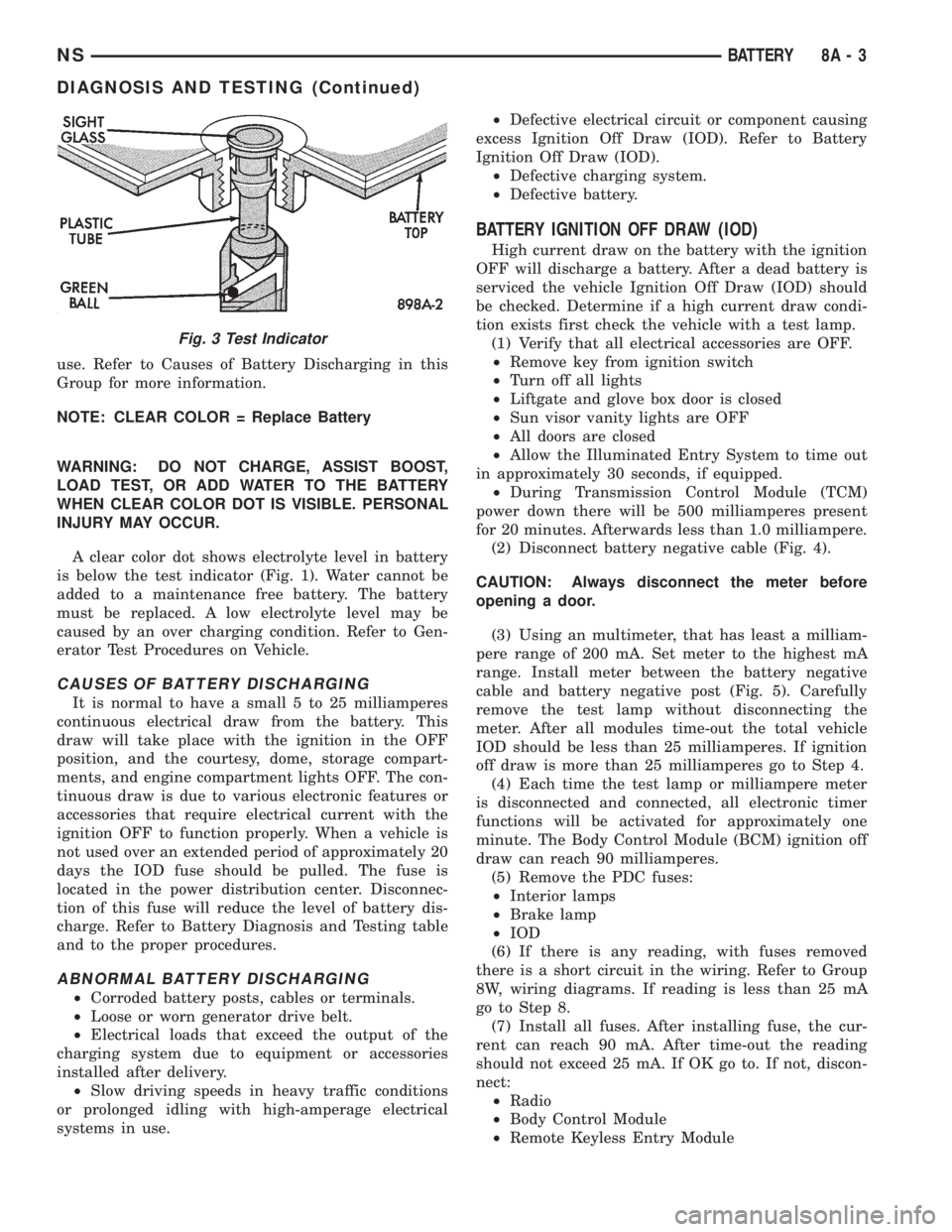 CHRYSLER VOYAGER 1996  Service Manual use. Refer to Causes of Battery Discharging in this
Group for more information.
NOTE: CLEAR COLOR = Replace Battery
WARNING: DO NOT CHARGE, ASSIST BOOST,
LOAD TEST, OR ADD WATER TO THE BATTERY
WHEN CL