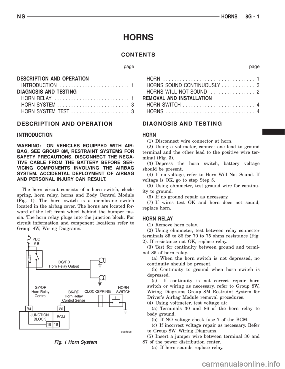 CHRYSLER VOYAGER 1996  Service Manual HORNS
CONTENTS
page page
DESCRIPTION AND OPERATION
INTRODUCTION......................... 1
DIAGNOSIS AND TESTING
HORN RELAY........................... 1
HORN SYSTEM.......................... 3
HORN SY