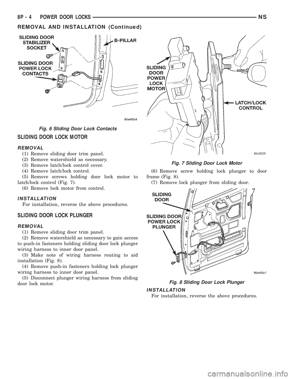 CHRYSLER VOYAGER 1996  Service Manual SLIDING DOOR LOCK MOTOR
REMOVAL
(1) Remove sliding door trim panel.
(2) Remove watershield as necessary.
(3) Remove latch/lock control cover.
(4) Remove latch/lock control.
(5) Remove screws holding d