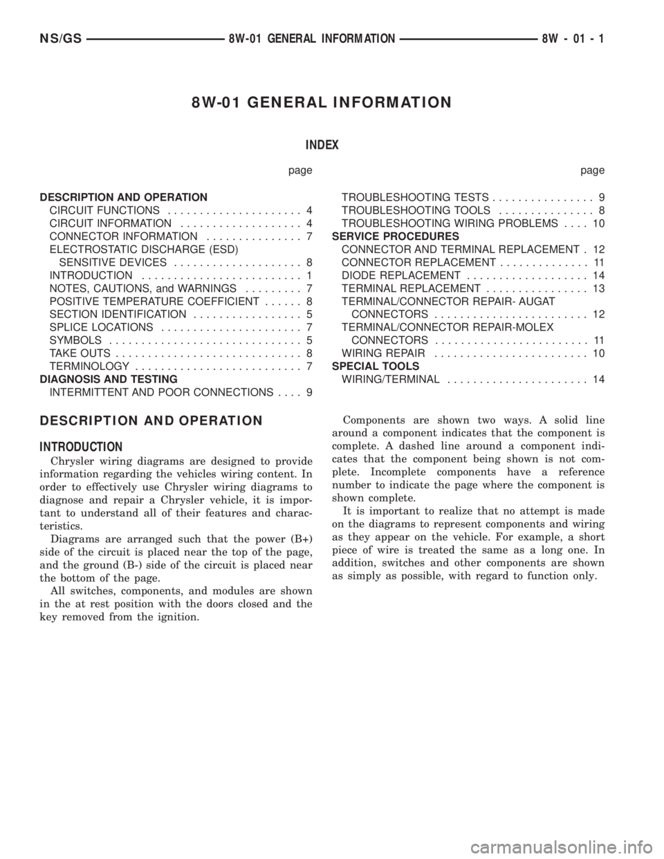 CHRYSLER VOYAGER 1996 Service Manual 8W-01 GENERAL INFORMATION
INDEX
page page
DESCRIPTION AND OPERATION
CIRCUIT FUNCTIONS..................... 4
CIRCUIT INFORMATION................... 4
CONNECTOR INFORMATION............... 7
ELECTROSTAT CHRYSLER VOYAGER 1996 Service Manual 8W-01 GENERAL INFORMATION
INDEX
page page
DESCRIPTION AND OPERATION
CIRCUIT FUNCTIONS..................... 4
CIRCUIT INFORMATION................... 4
CONNECTOR INFORMATION............... 7
ELECTROSTAT
