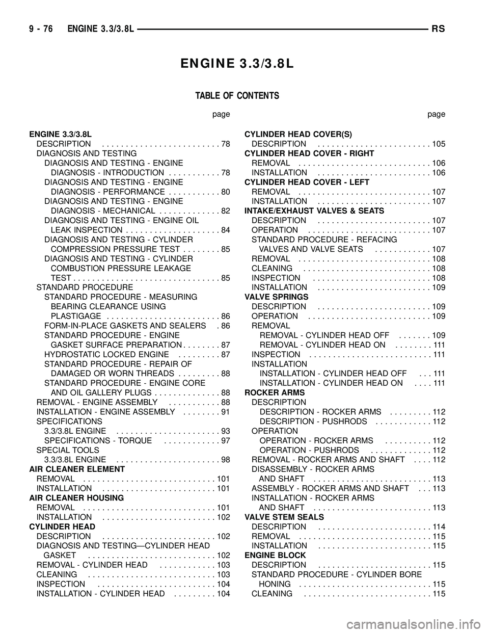 CHRYSLER VOYAGER 2005  Service Manual ENGINE 3.3/3.8L
TABLE OF CONTENTS
page page
ENGINE 3.3/3.8L
DESCRIPTION.........................78
DIAGNOSIS AND TESTING
DIAGNOSIS AND TESTING - ENGINE
DIAGNOSIS - INTRODUCTION...........78
DIAGNOSIS 