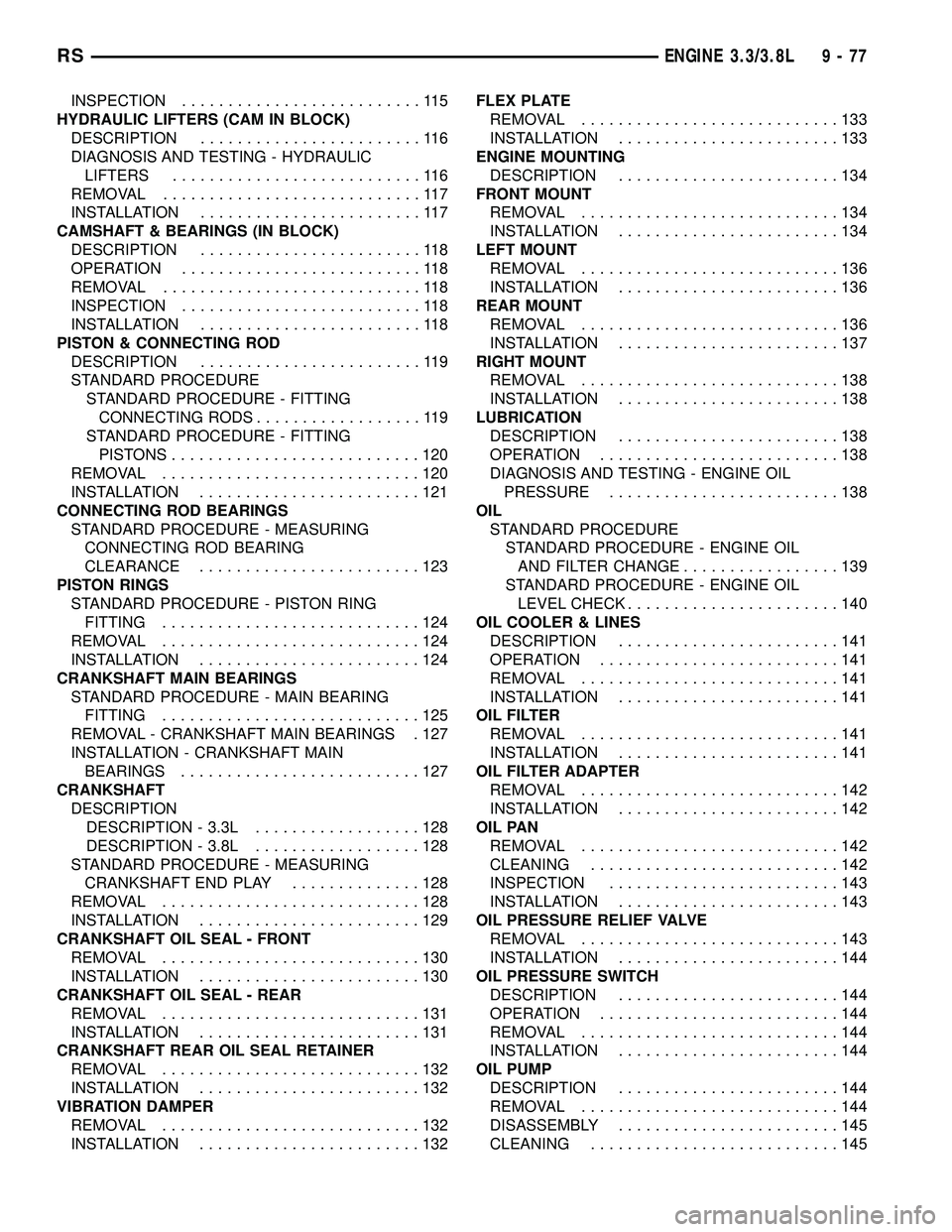 CHRYSLER VOYAGER 2005  Service Manual INSPECTION..........................115
HYDRAULIC LIFTERS (CAM IN BLOCK)
DESCRIPTION........................116
DIAGNOSIS AND TESTING - HYDRAULIC
LIFTERS...........................116
REMOVAL.........