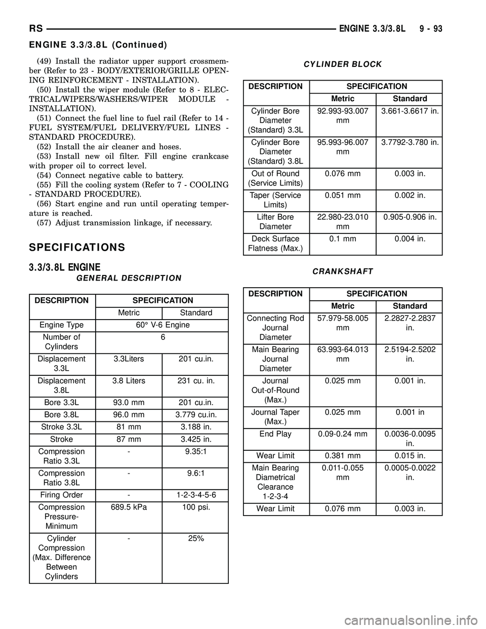 CHRYSLER VOYAGER 2005  Service Manual (49) Install the radiator upper support crossmem-
ber (Refer to 23 - BODY/EXTERIOR/GRILLE OPEN-
ING REINFORCEMENT - INSTALLATION).
(50) Install the wiper module (Refer to 8 - ELEC-
TRICAL/WIPERS/WASHE