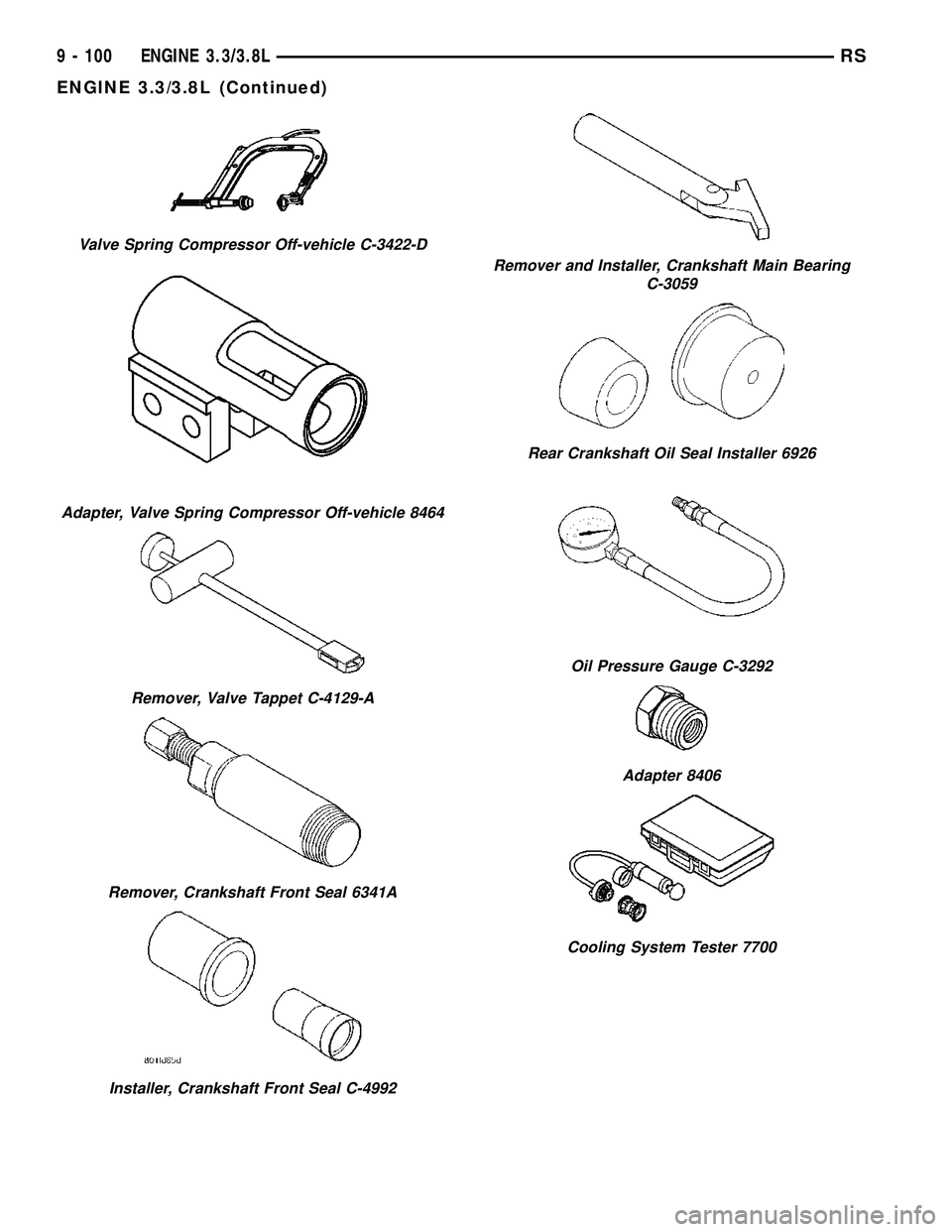 CHRYSLER VOYAGER 2005  Service Manual Valve Spring Compressor Off-vehicle C-3422-D
Adapter, Valve Spring Compressor Off-vehicle 8464
Remover, Valve Tappet C-4129-A
Remover, Crankshaft Front Seal 6341A
Installer, Crankshaft Front Seal C-49