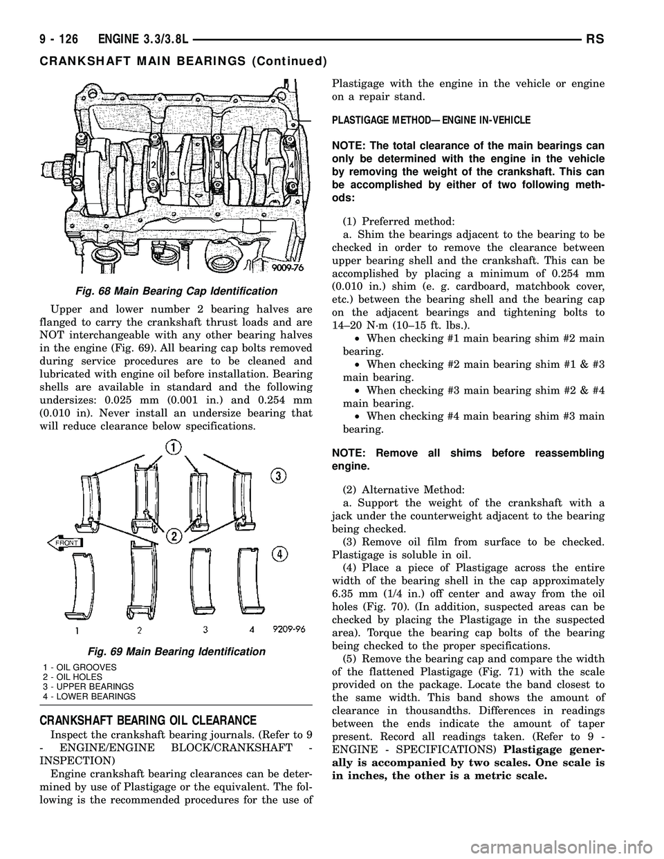 CHRYSLER VOYAGER 2005  Service Manual Upper and lower number 2 bearing halves are
flanged to carry the crankshaft thrust loads and are
NOT interchangeable with any other bearing halves
in the engine (Fig. 69). All bearing cap bolts remove