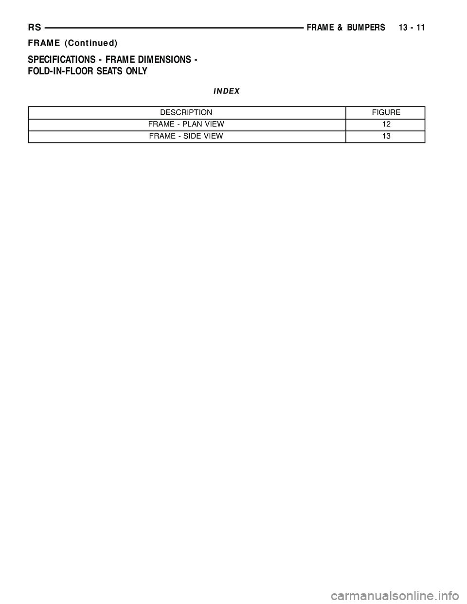 CHRYSLER VOYAGER 2005  Service Manual SPECIFICATIONS - FRAME DIMENSIONS -
FOLD-IN-FLOOR SEATS ONLY
INDEX
DESCRIPTION FIGURE
FRAME - PLAN VIEW 12
FRAME - SIDE VIEW 13
RSFRAME & BUMPERS13-11
FRAME (Continued) 