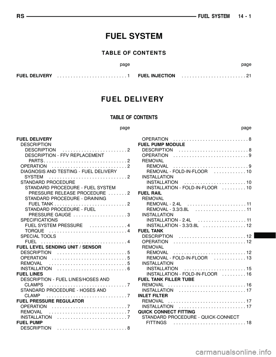 CHRYSLER VOYAGER 2005 Service Manual FUEL SYSTEM
TABLE OF CONTENTS
page page
FUEL DELIVERY..........................1FUEL INJECTION........................21
FUEL DELIVERY
TABLE OF CONTENTS
page page
FUEL DELIVERY
DESCRIPTION
DESCRIPTION CHRYSLER VOYAGER 2005 Service Manual FUEL SYSTEM
TABLE OF CONTENTS
page page
FUEL DELIVERY..........................1FUEL INJECTION........................21
FUEL DELIVERY
TABLE OF CONTENTS
page page
FUEL DELIVERY
DESCRIPTION
DESCRIPTION