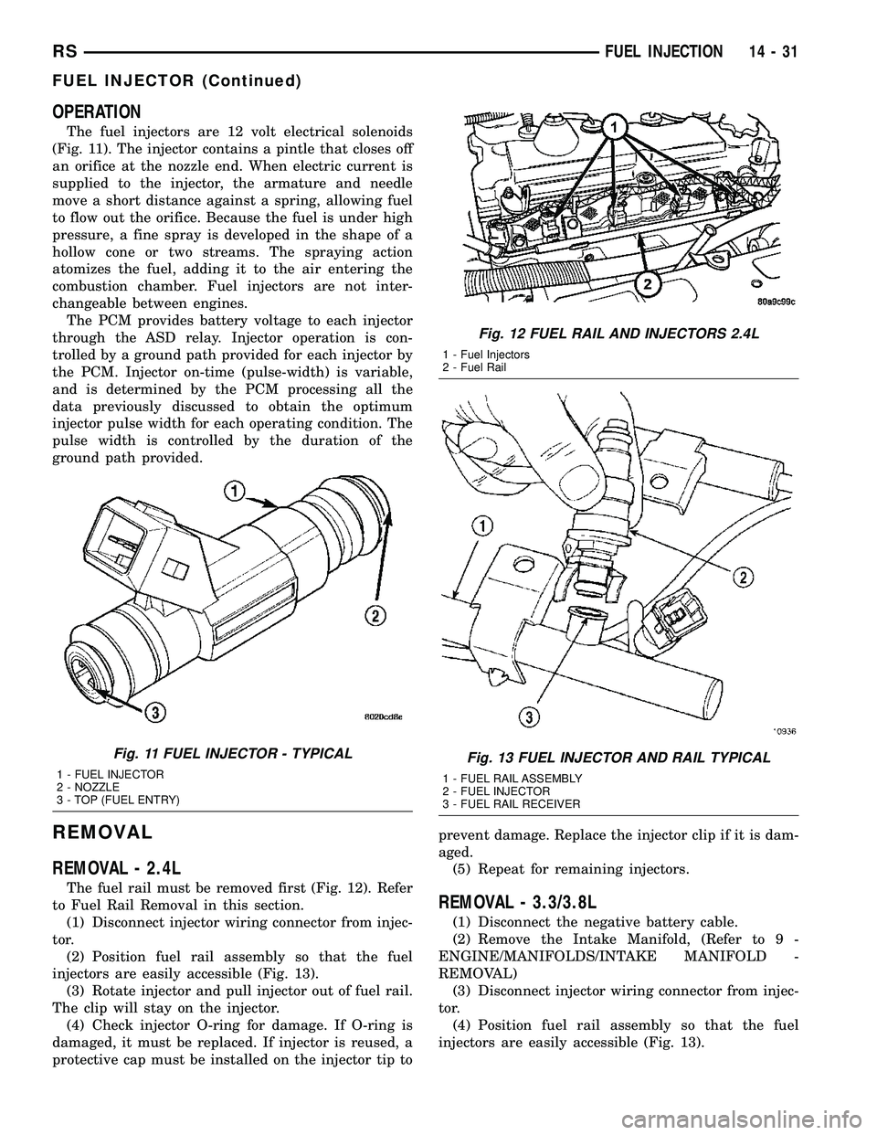 CHRYSLER VOYAGER 2005  Service Manual OPERATION
The fuel injectors are 12 volt electrical solenoids
(Fig. 11). The injector contains a pintle that closes off
an orifice at the nozzle end. When electric current is
supplied to the injector,